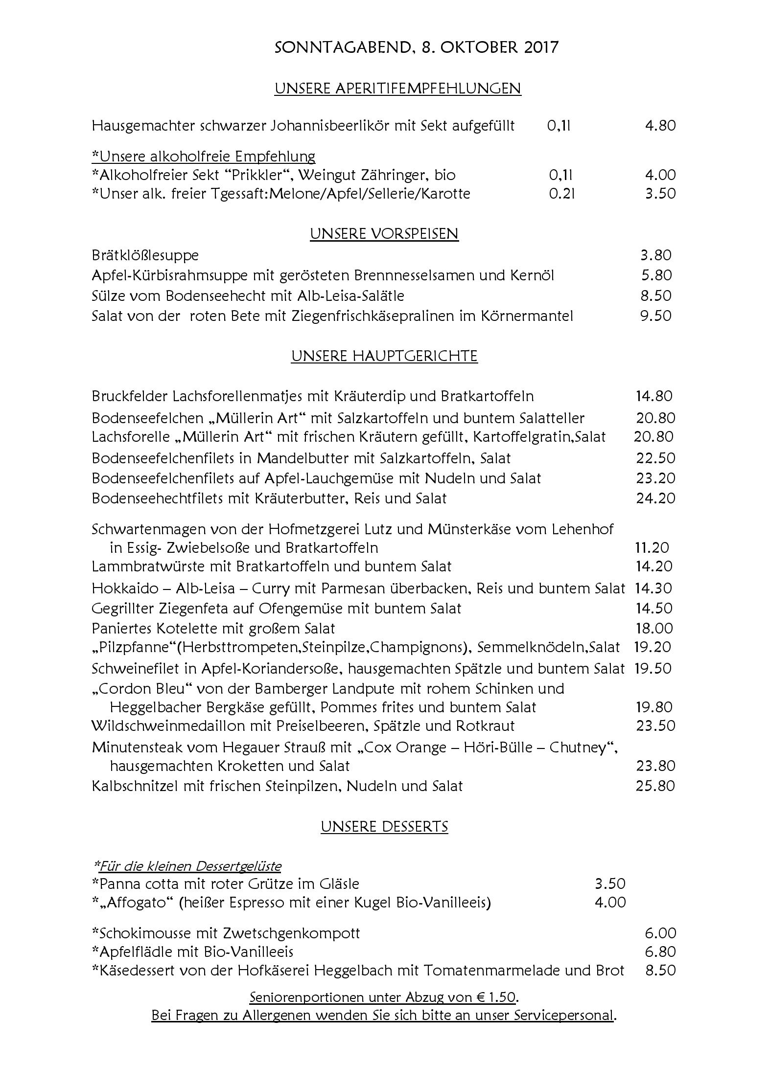 Speisekarte Landgasthof Keller in Überlingen Lippertsreute, Seite 2