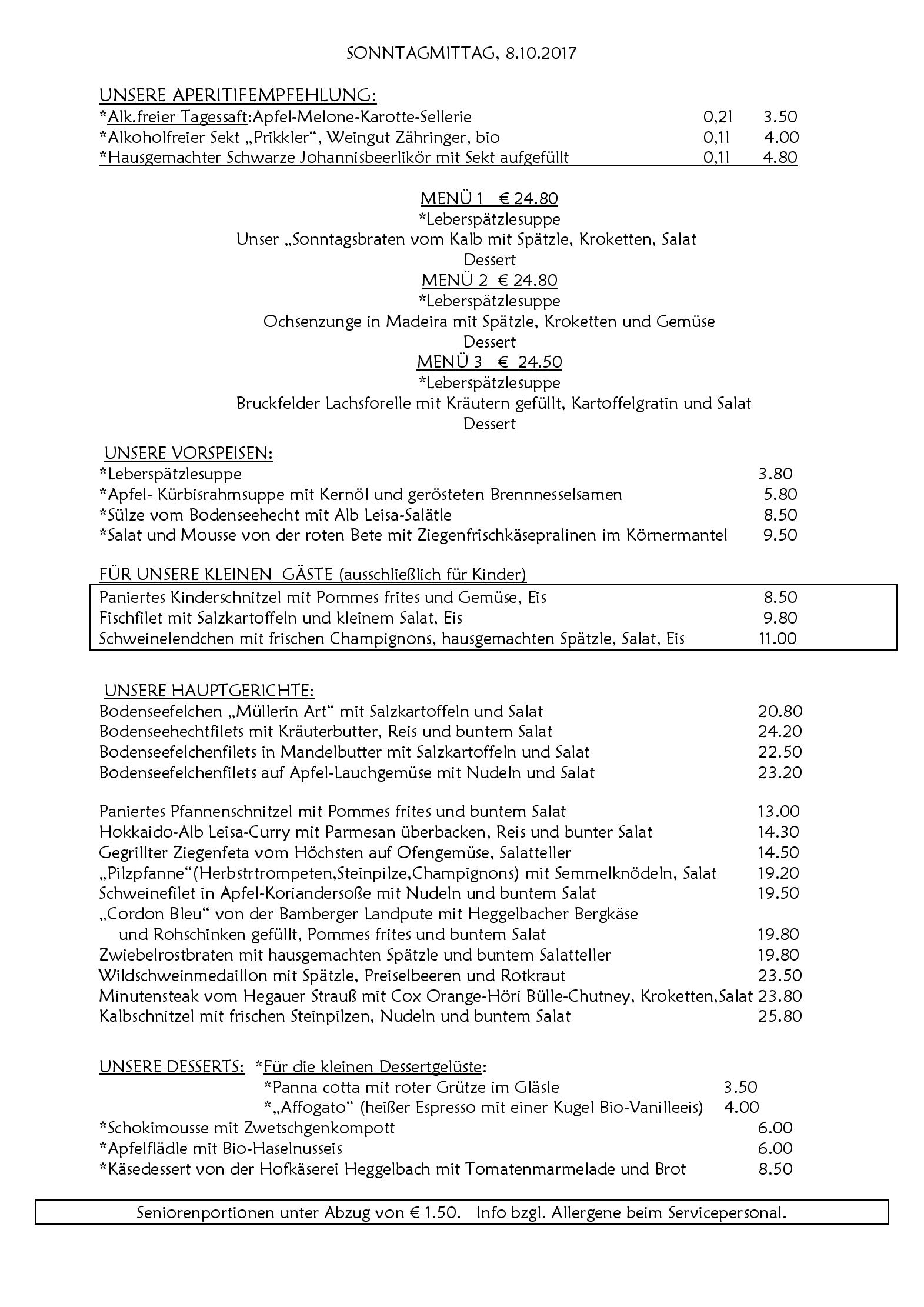 Speisekarte Landgasthof Keller in Überlingen Lippertsreute, Seite 1