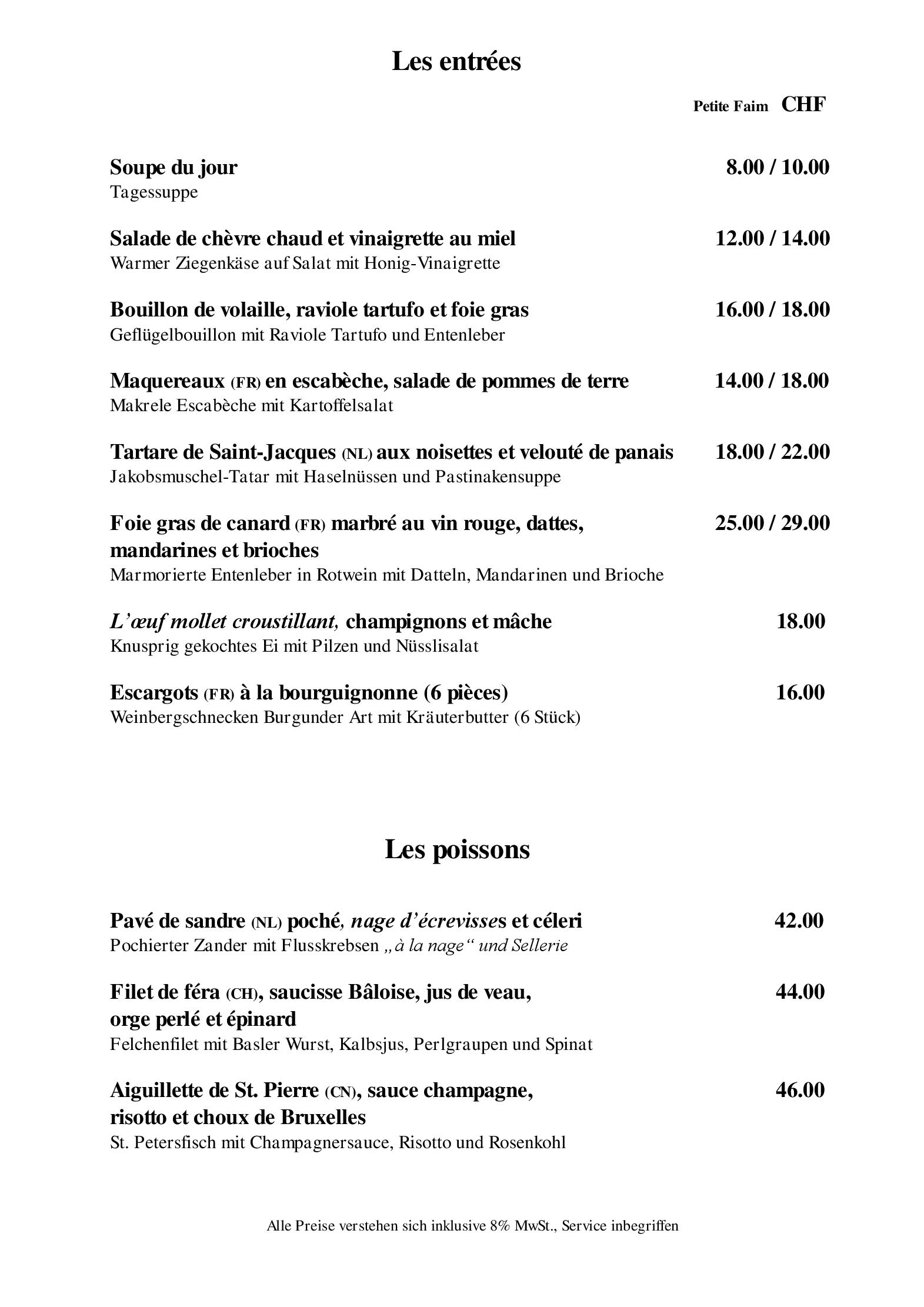 Speisekarte Brasserie Au Violon in Basel, Seite 2