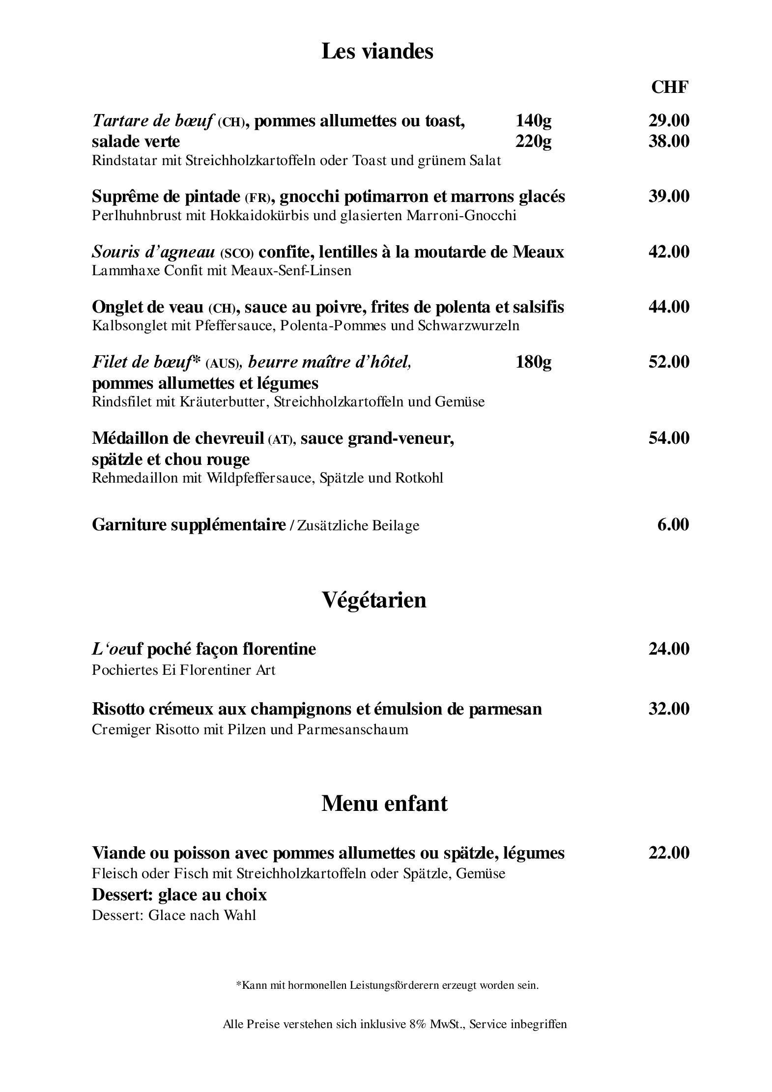 Speisekarte Brasserie Au Violon in Basel, Seite 1