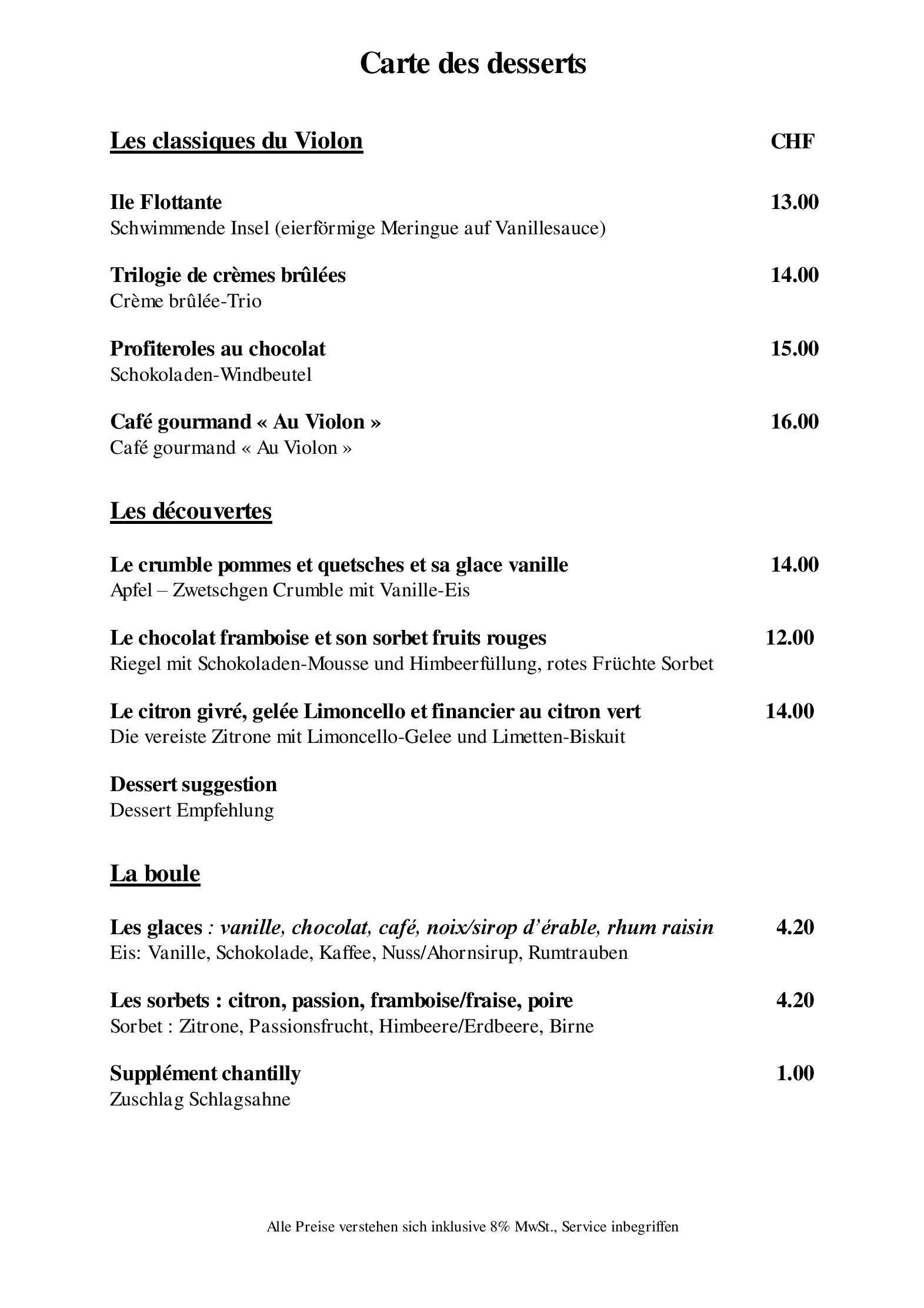 Speisekarte Brasserie Au Violon in Basel, Seite 3