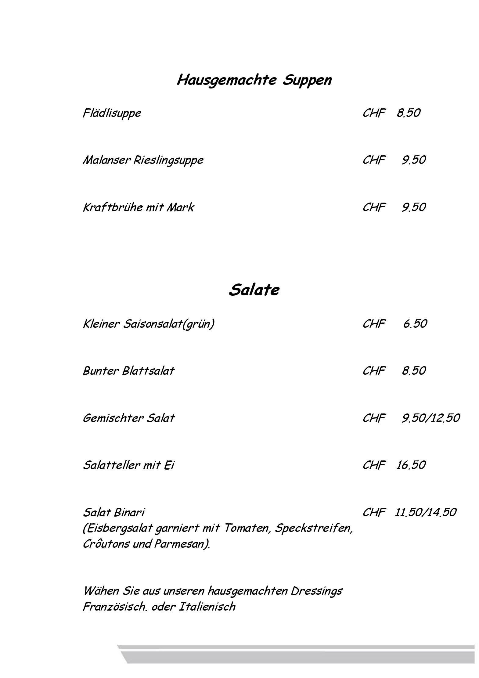 Speisekarte Binari in Landquart, Seite 1