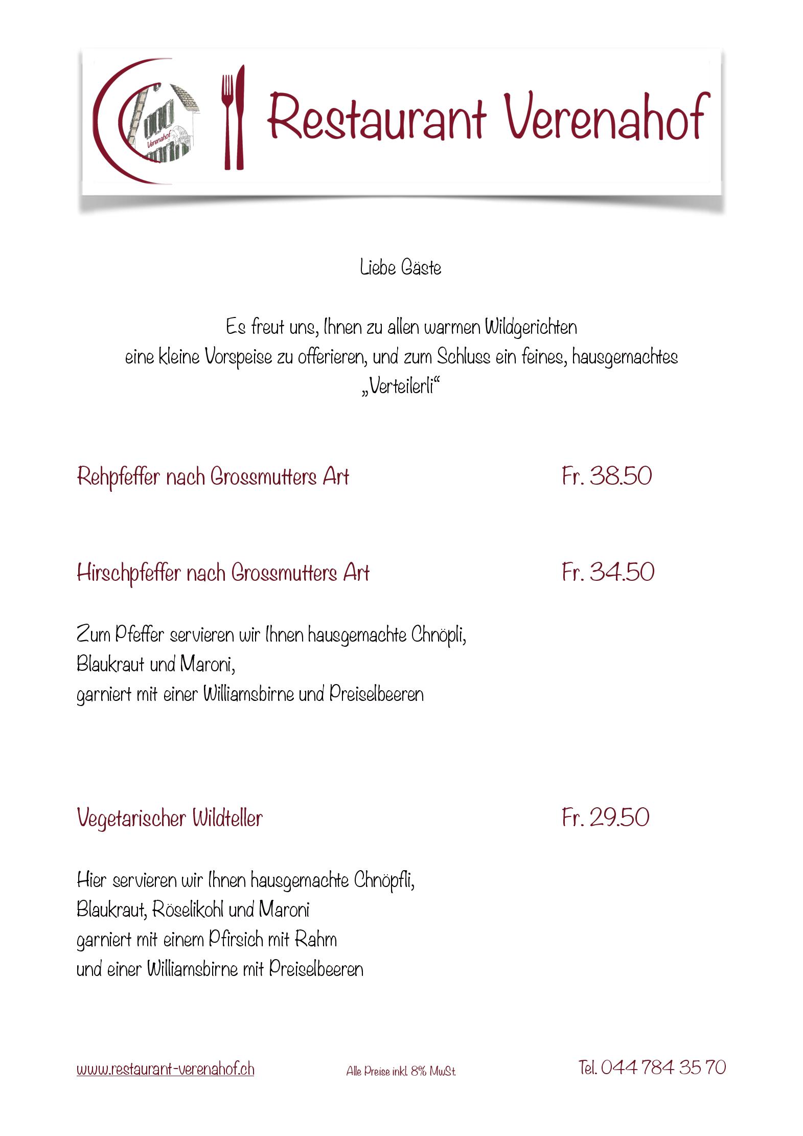Speisekarte Restaurant Verenahof in Wollerau, Seite 2