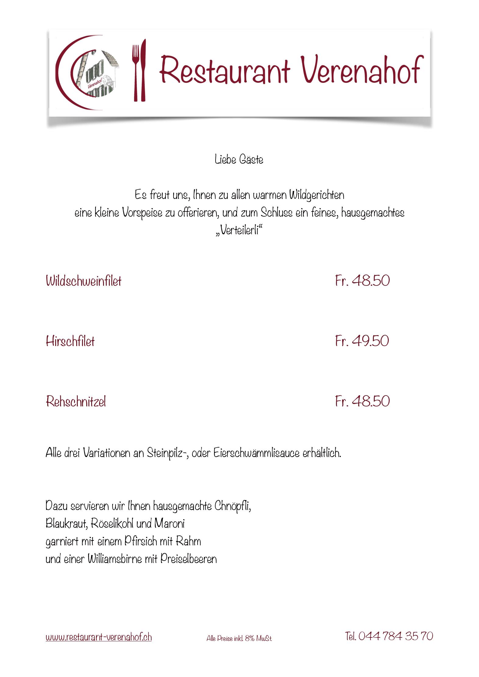 Speisekarte Restaurant Verenahof in Wollerau, Seite 3