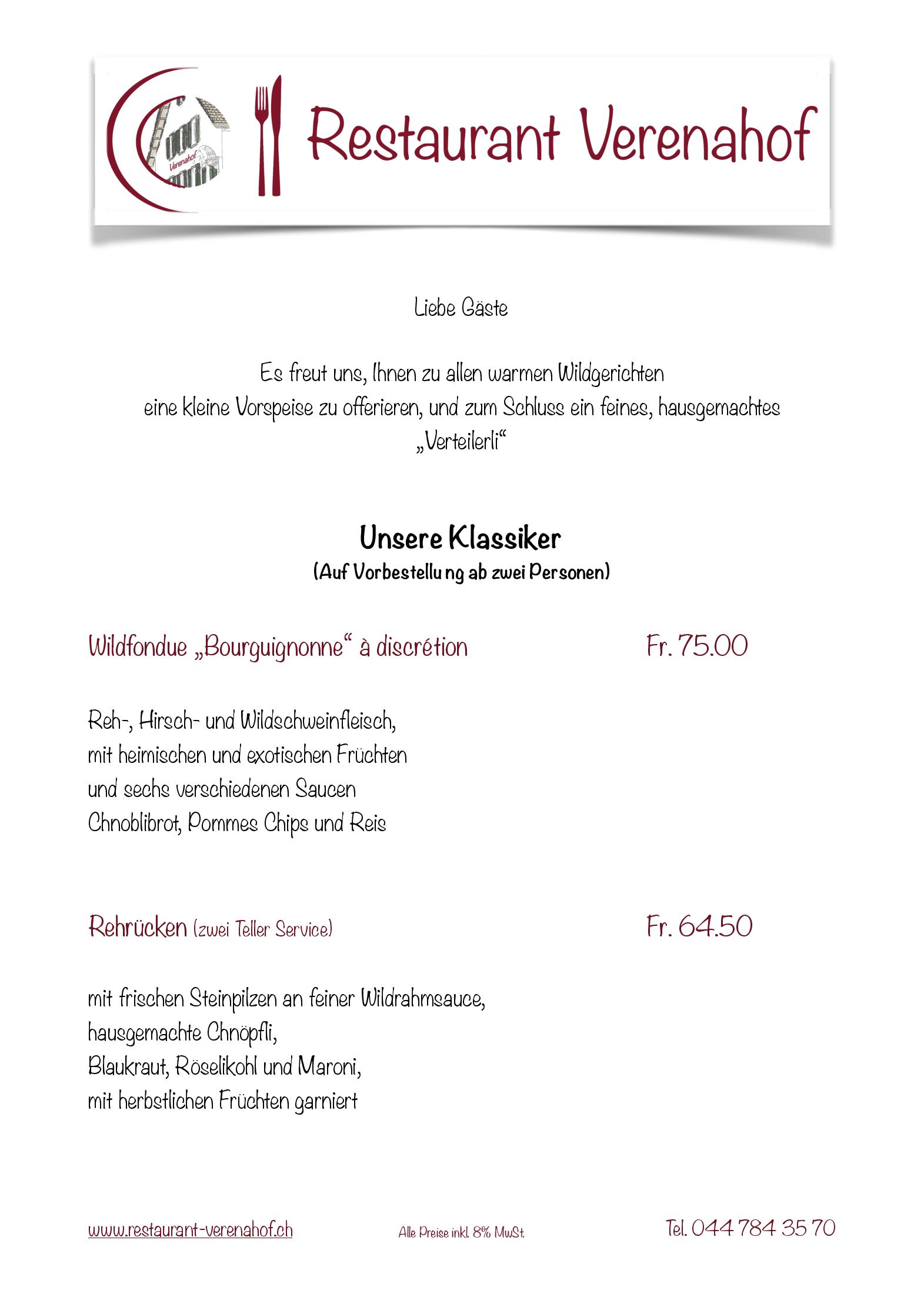 Speisekarte Restaurant Verenahof in Wollerau, Seite 4