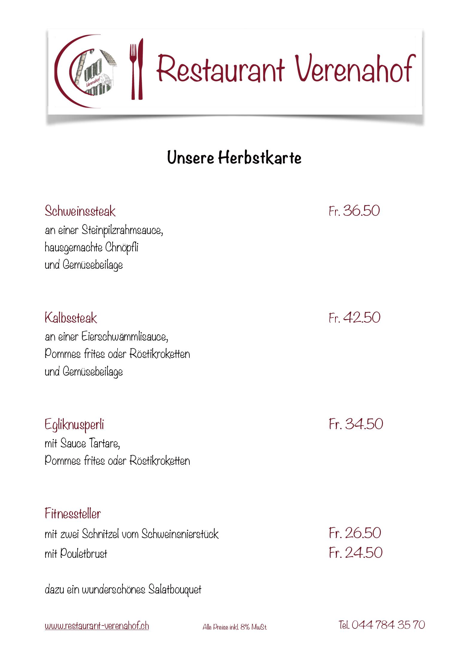 Speisekarte Restaurant Verenahof in Wollerau, Seite 5