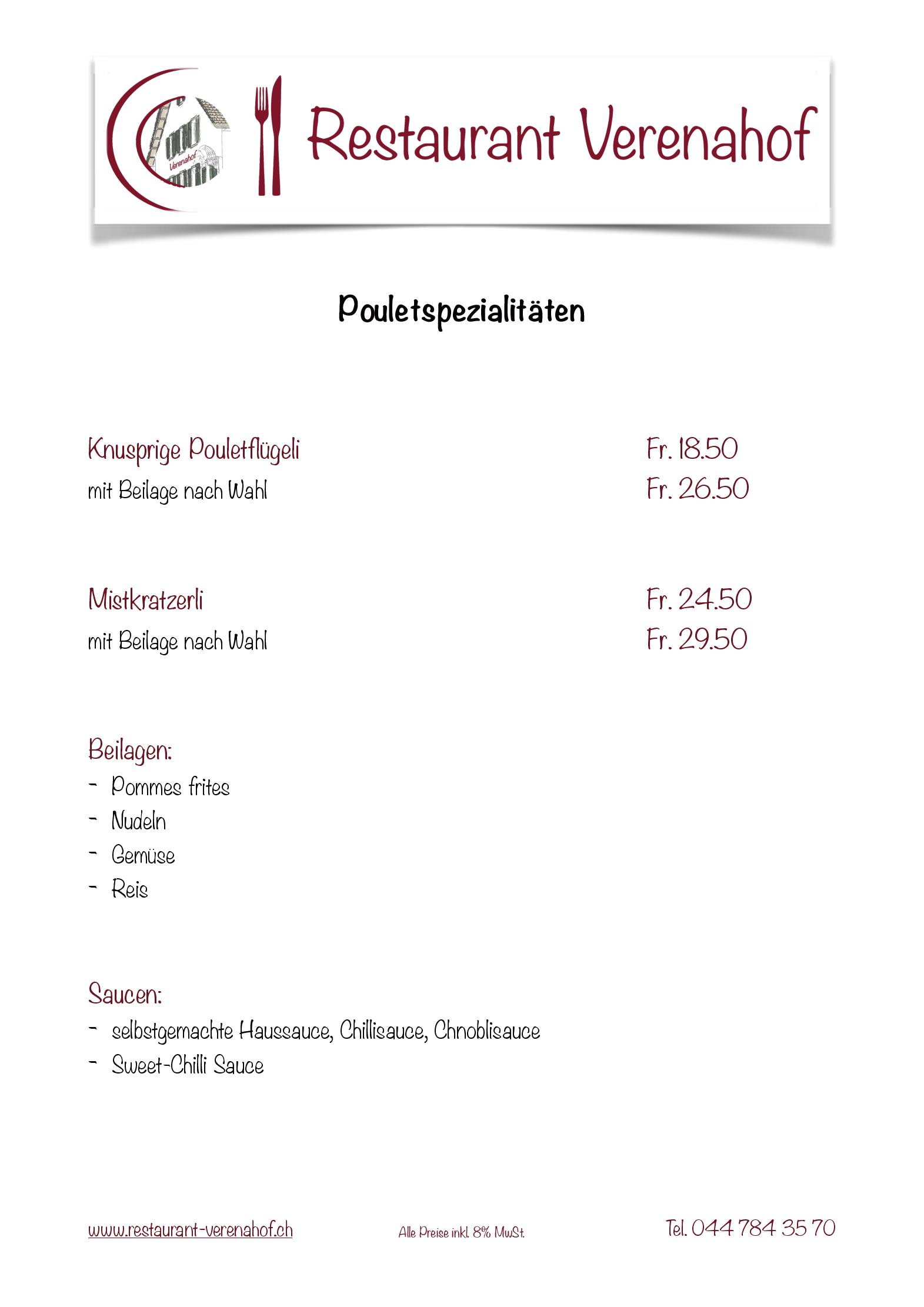Speisekarte Restaurant Verenahof in Wollerau, Seite 6