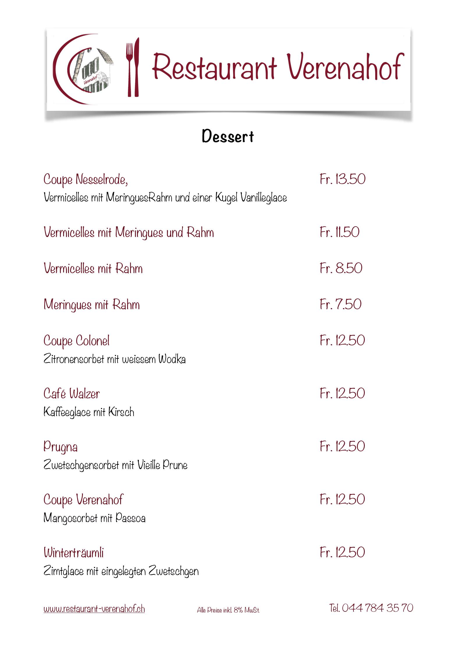 Speisekarte Restaurant Verenahof in Wollerau, Seite 7
