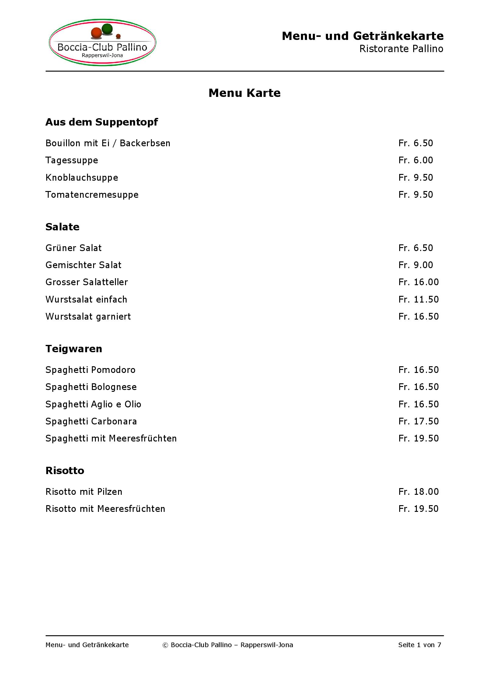 Speisekarte Ristorante Pallino in Jona, Seite 2