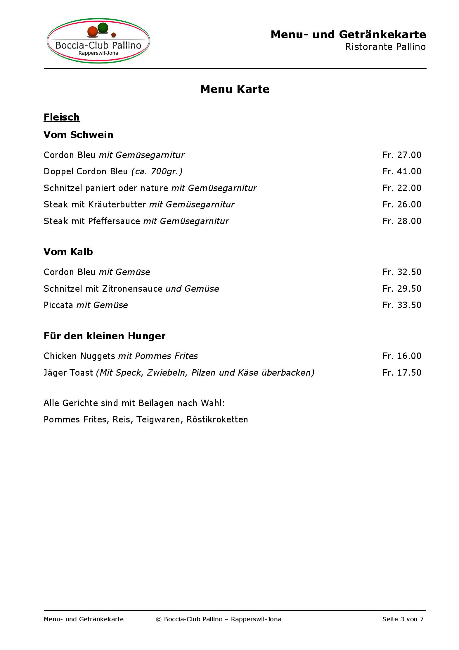 Speisekarte Ristorante Pallino in Jona, Seite 3