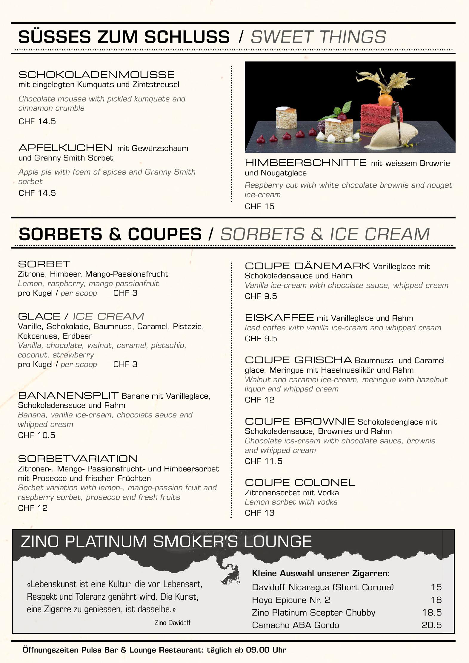 Speisekarte Pulsa Bar & Lounge Restaurant in Davos, Seite 1