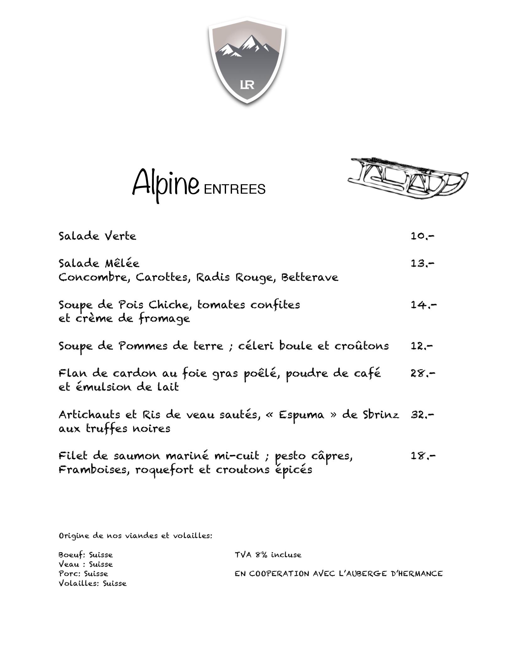 Speisekarte Hotel - Restaurant du Lac Retaud in Les Diablerets, Seite 1