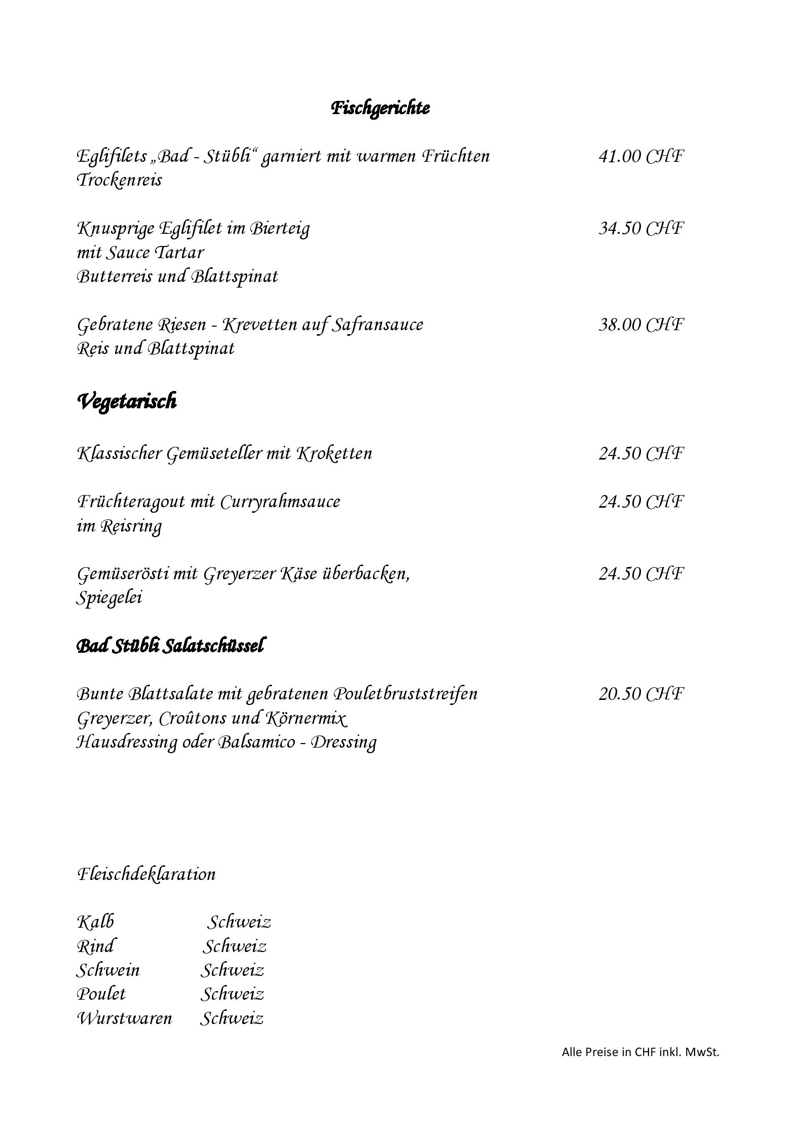 Speisekarte Bad-Stubli in Schinznach Bad, Seite 1