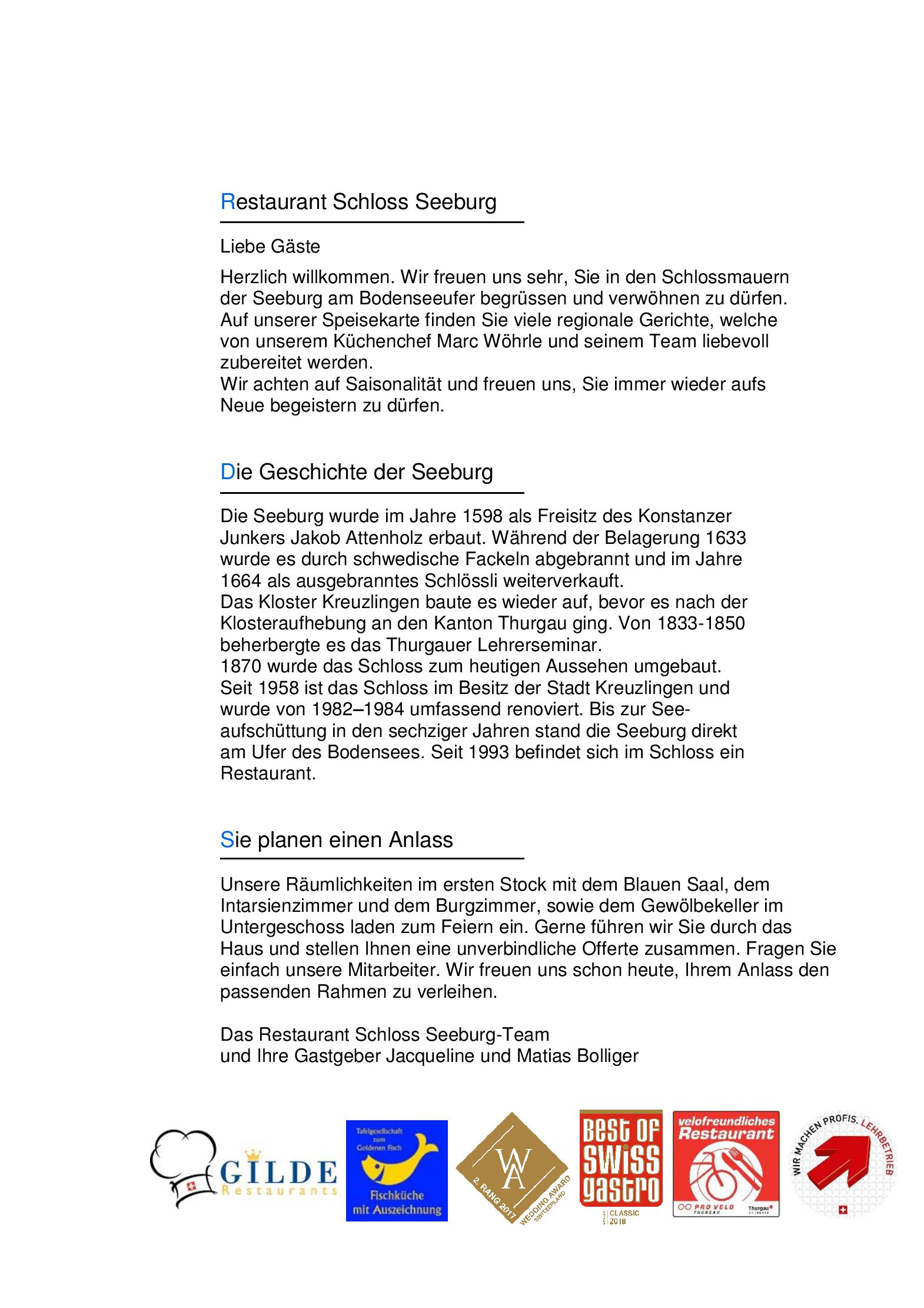 Speisekarte Restaurant Schloss Seeburg in Kreuzlingen, Seite 1