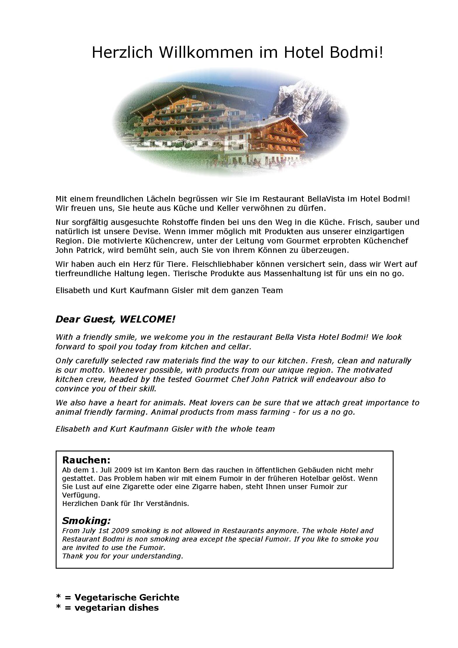 Speisekarte Hotel Bodmi in Grindelwald, Seite 1