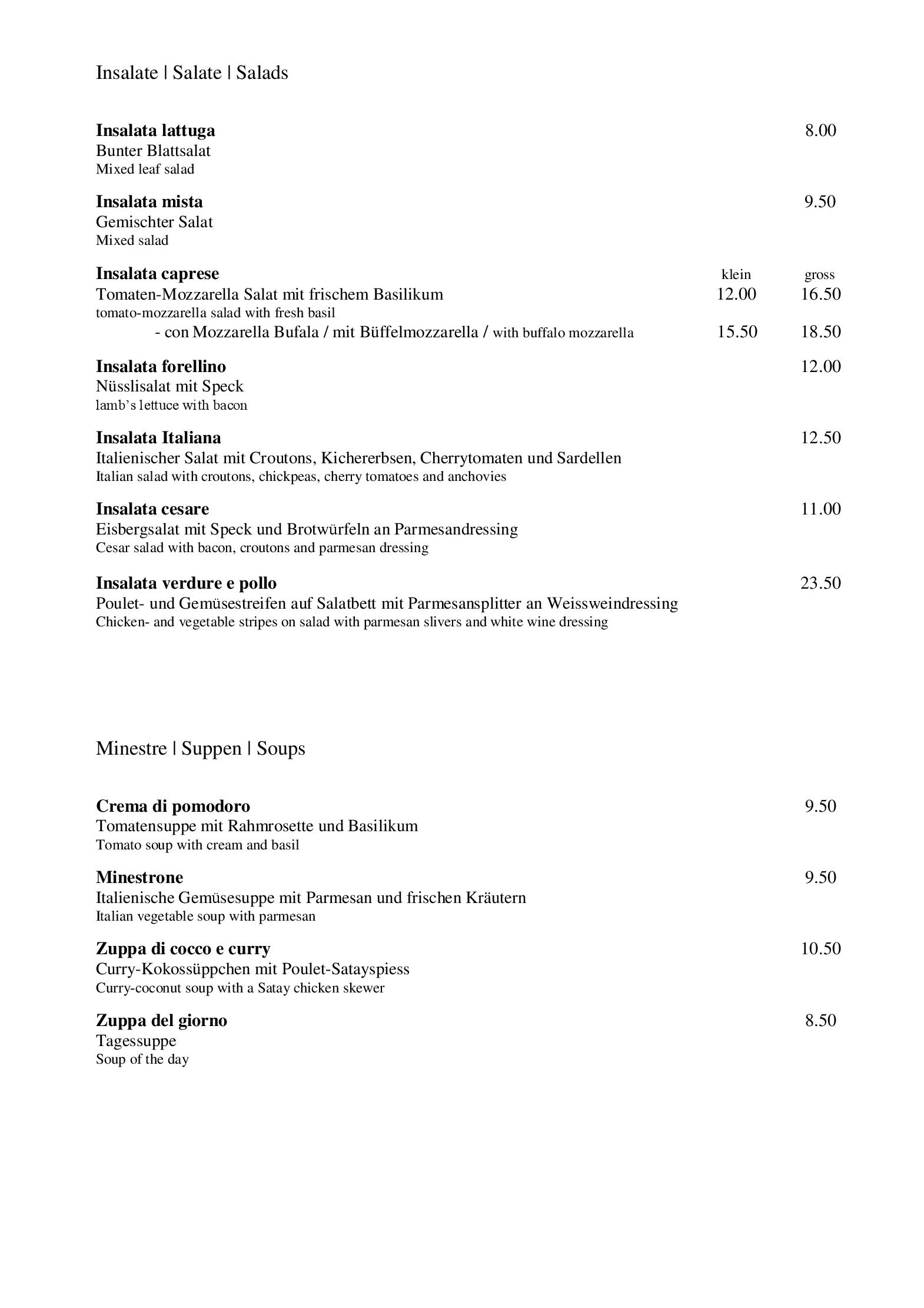 Speisekarte Ristorante Pizzeria 'La Piazza' in Niederuzwil, Seite 1