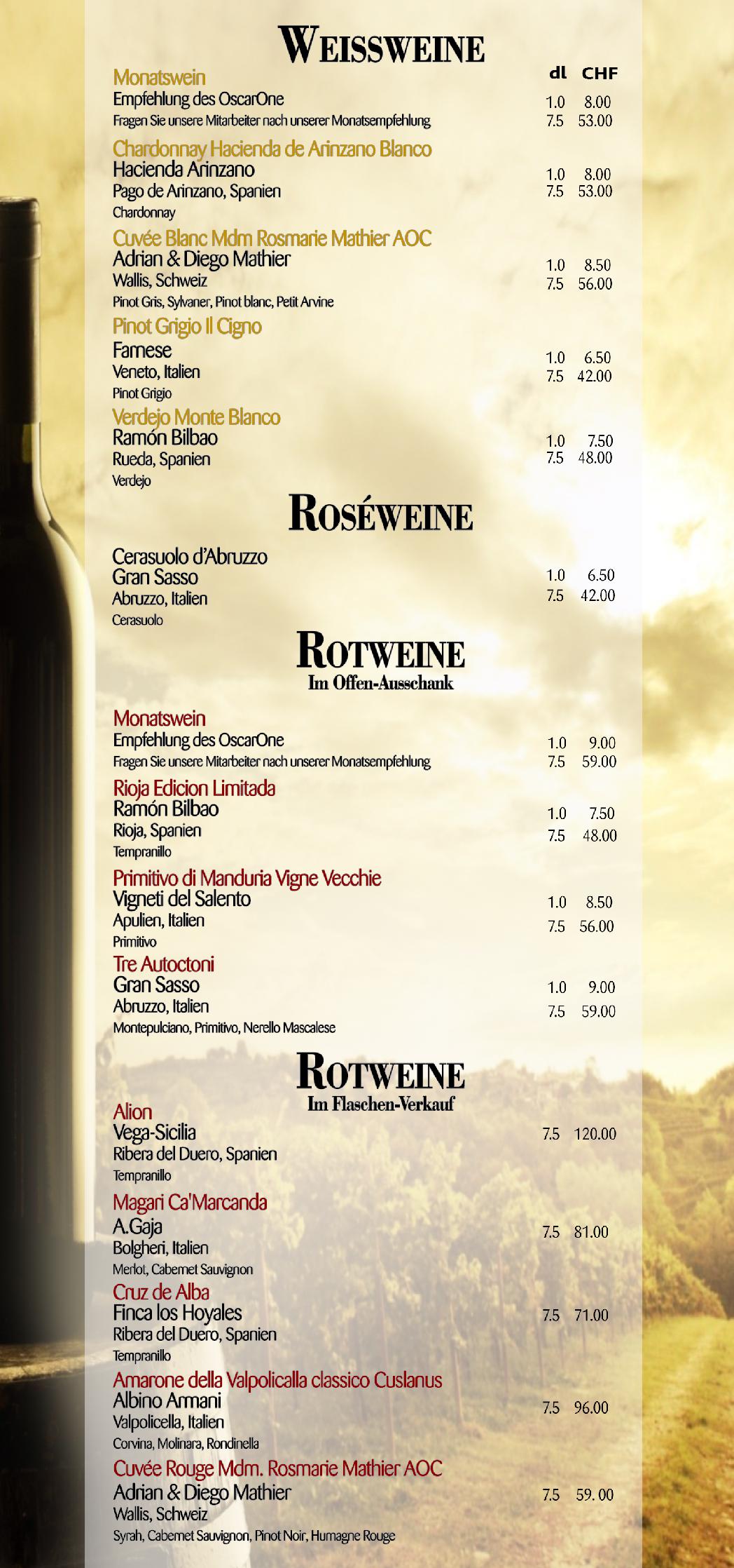 Speisekarte OscarOne, Aarau in Aarau, Seite 1