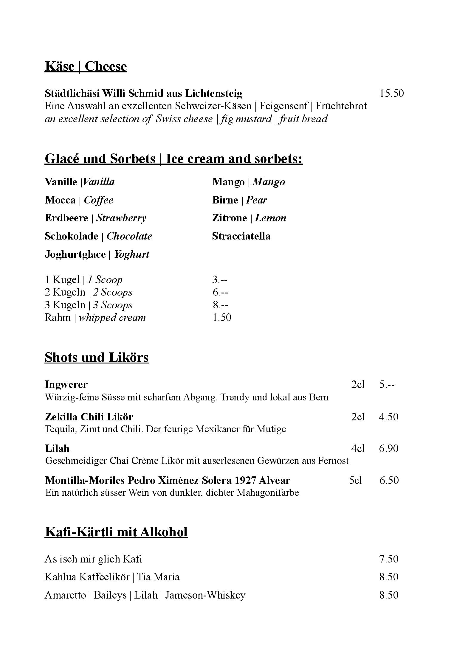 Speisekarte Alpenkräuter Restaurant Bären in Wengen, Seite 1