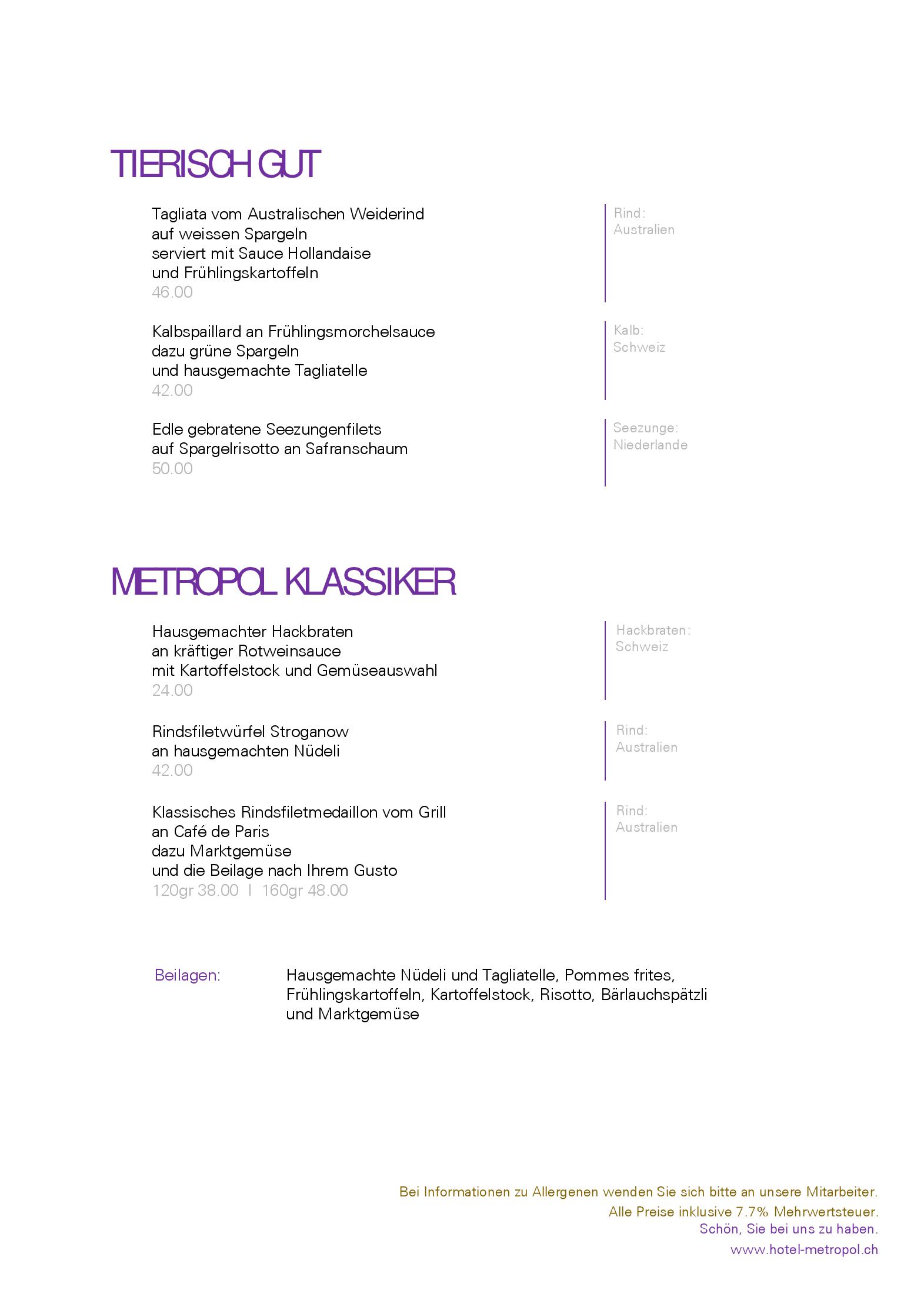 Speisekarte Erststock-Restaurant Hotel Metropol in St. Gallen, Seite 1