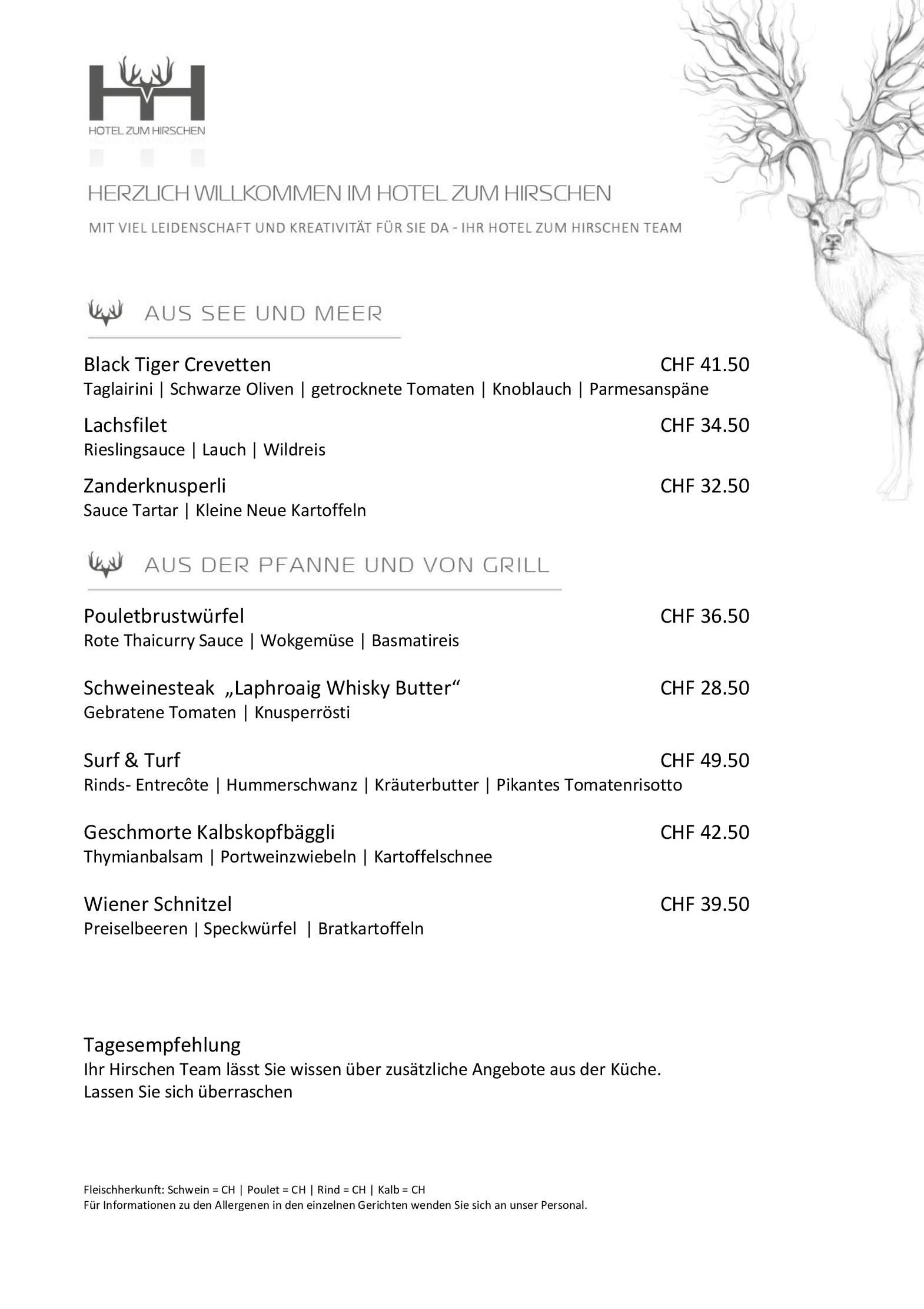 Speisekarte Hotel Zum Hirschen in Schindellegi, Seite 1