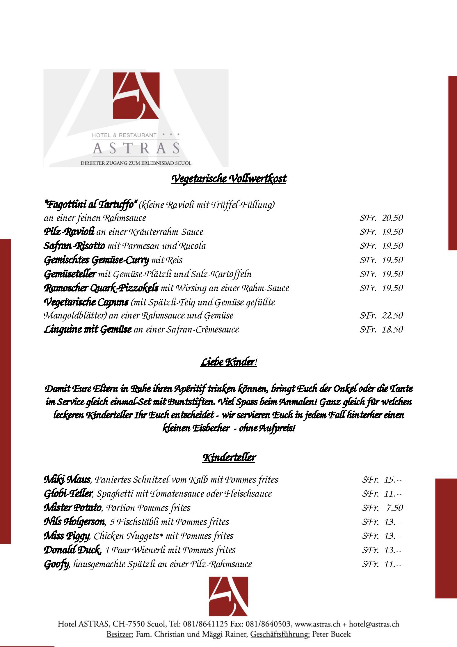 Speisekarte Hotel Restaurant Astras in Scuol, Seite 3