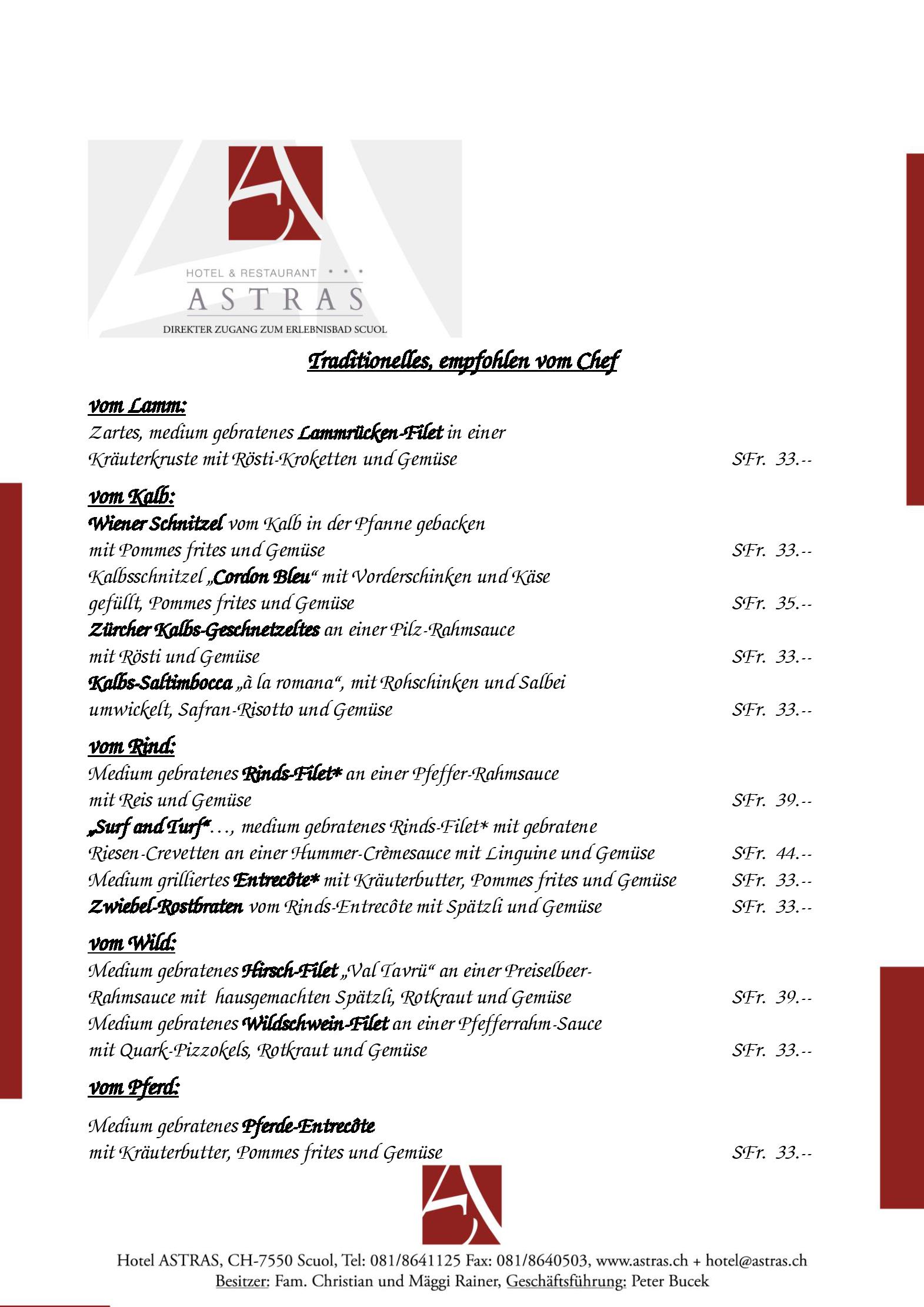 Speisekarte Hotel Restaurant Astras in Scuol, Seite 4