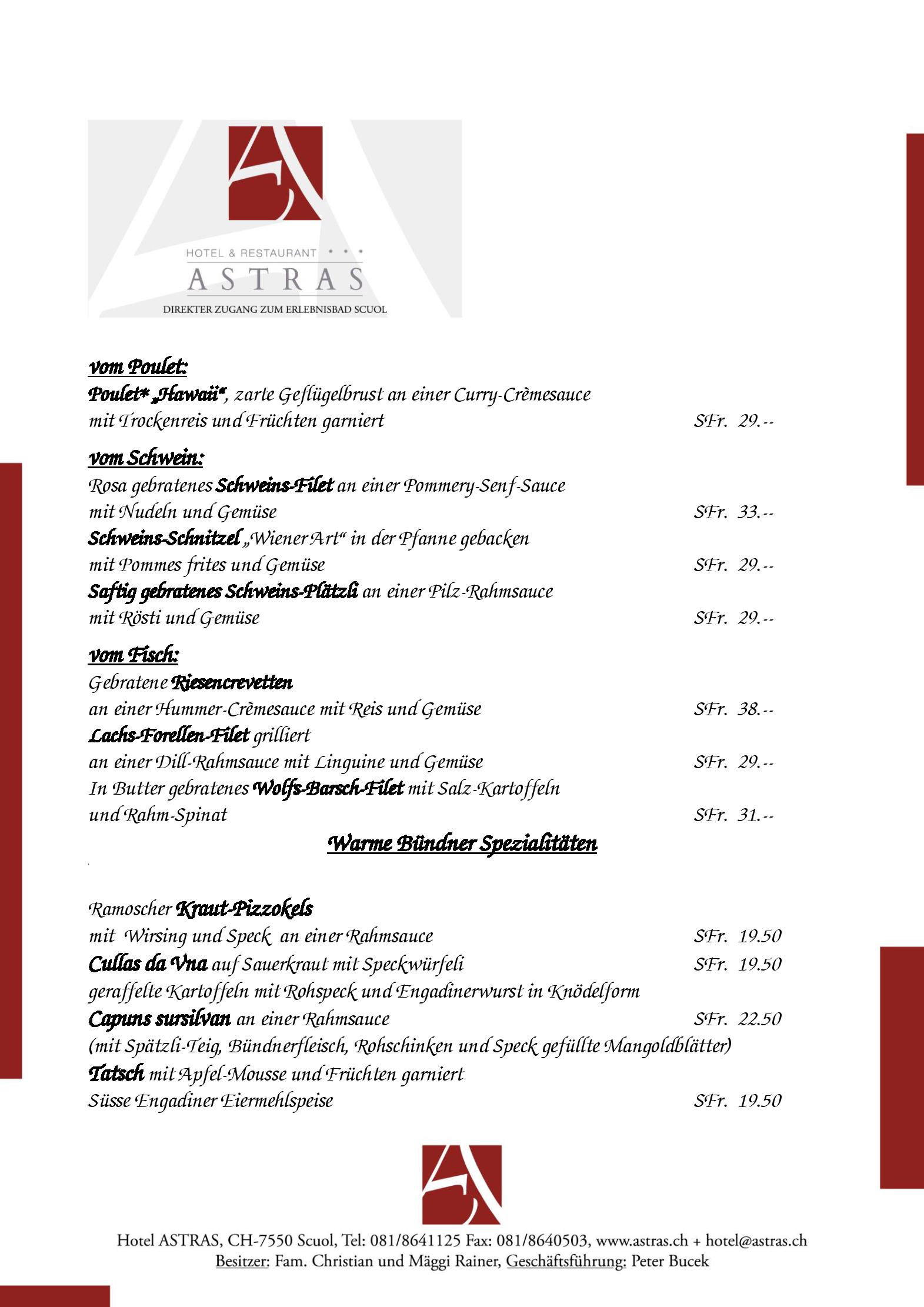 Speisekarte Hotel Restaurant Astras in Scuol, Seite 5