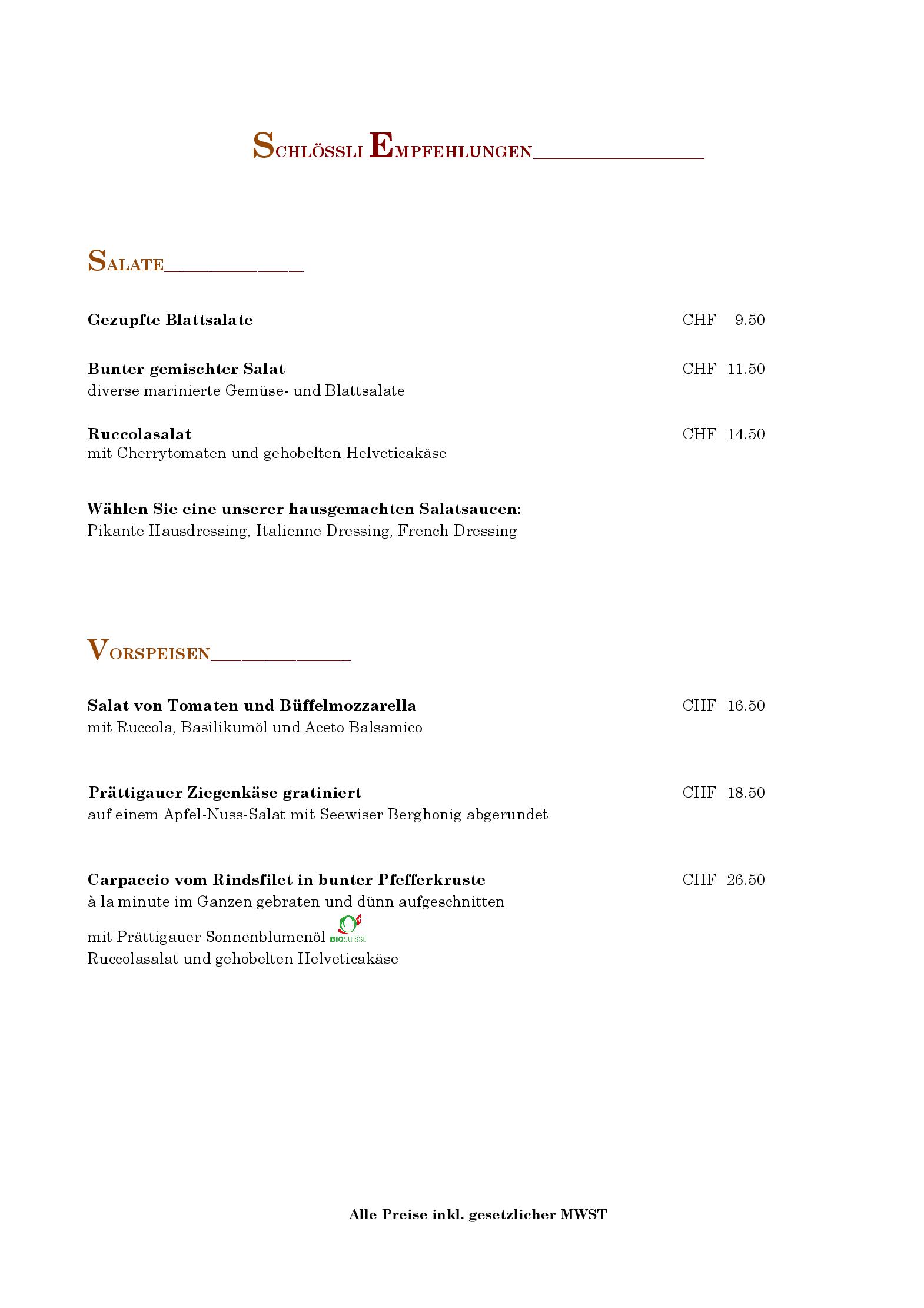 Speisekarte Restaurant Schlossli / Hotel Scesaplana Seewis in Seewis im Prattigau, Seite 1