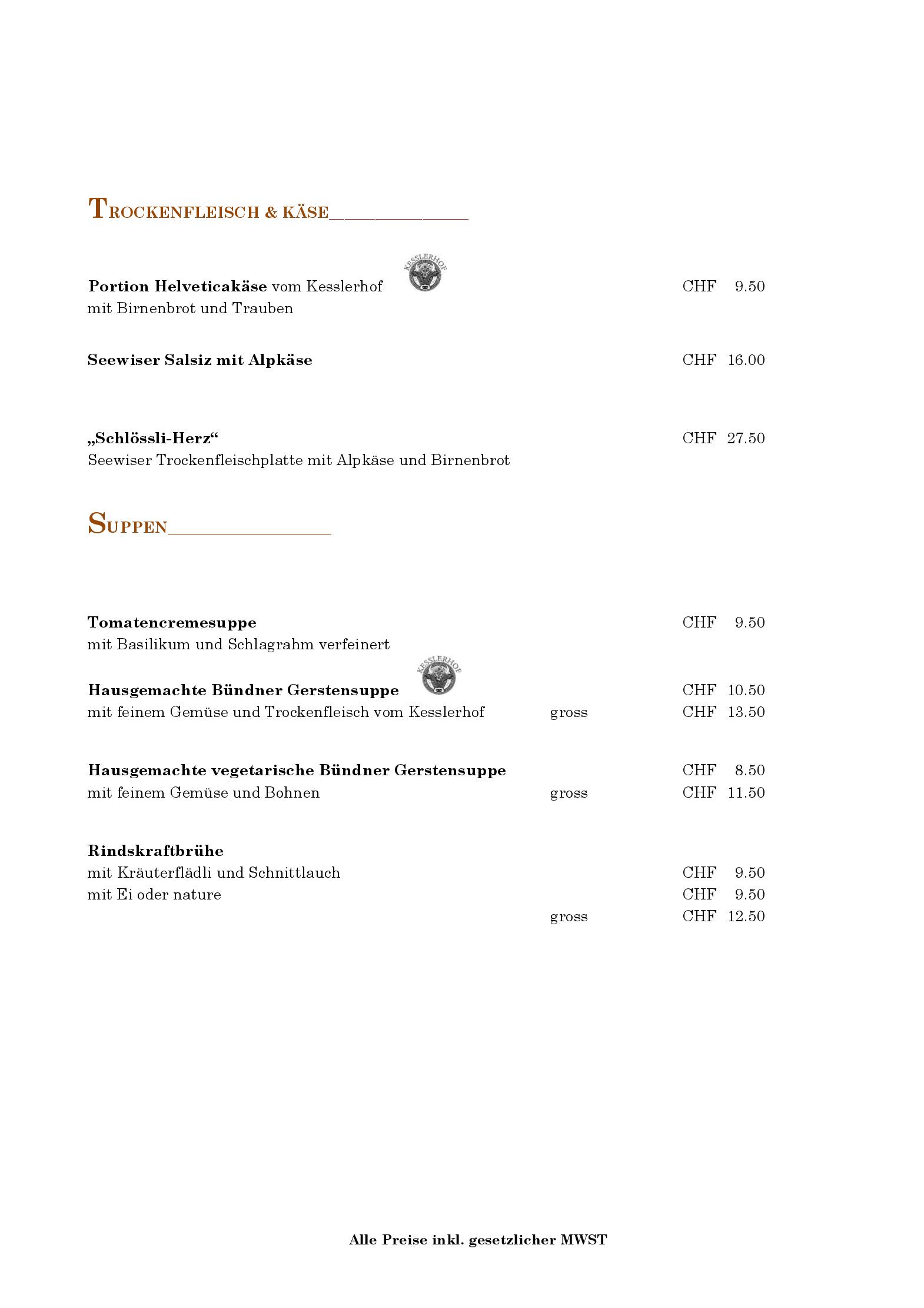 Speisekarte Restaurant Schlossli / Hotel Scesaplana Seewis in Seewis im Prattigau, Seite 2