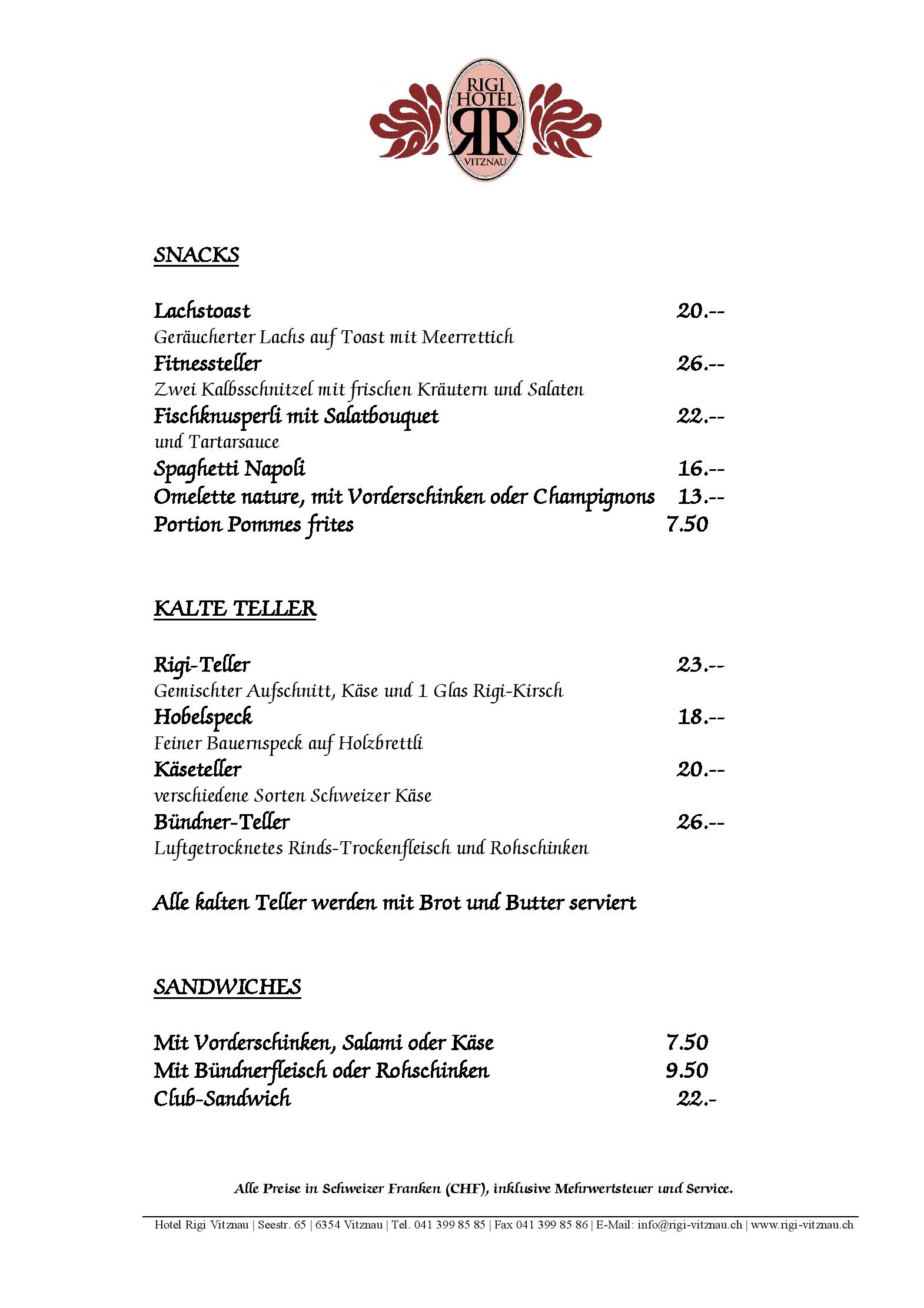 Speisekarte Restaurant Hotel Rigi in Vitznau, Seite 10