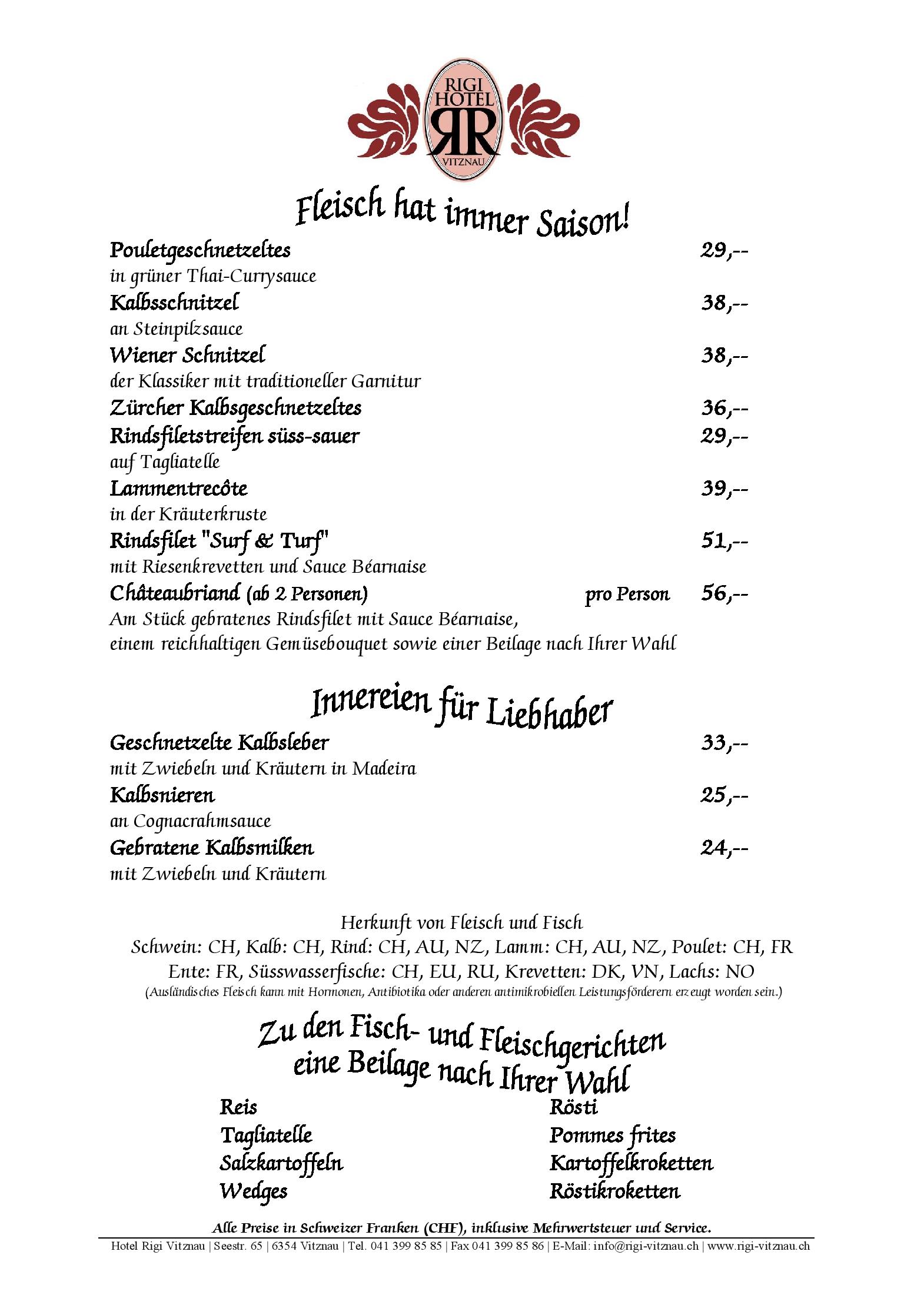 Speisekarte Restaurant Hotel Rigi in Vitznau, Seite 2