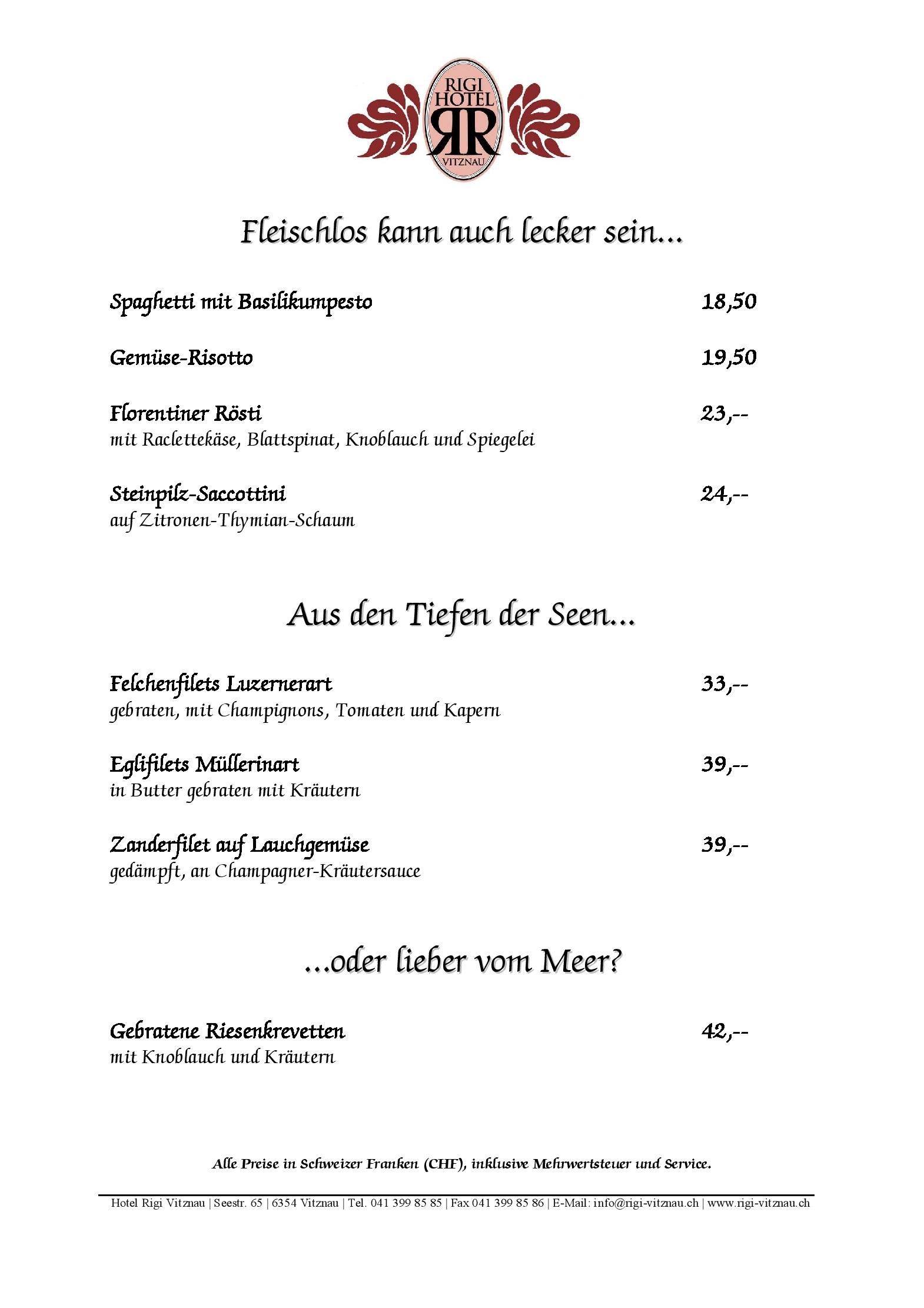 Speisekarte Restaurant Hotel Rigi in Vitznau, Seite 1
