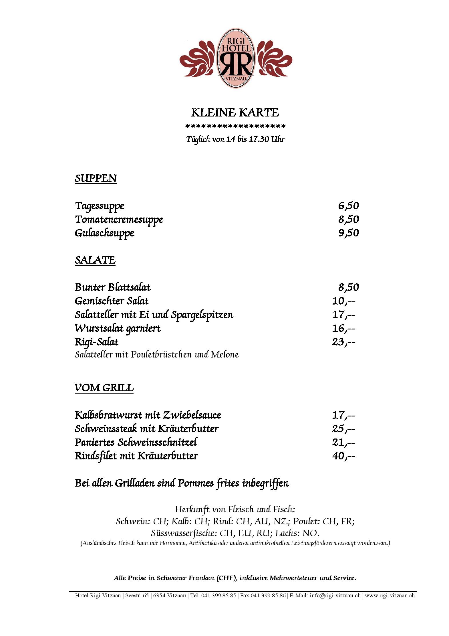 Speisekarte Restaurant Hotel Rigi in Vitznau, Seite 9