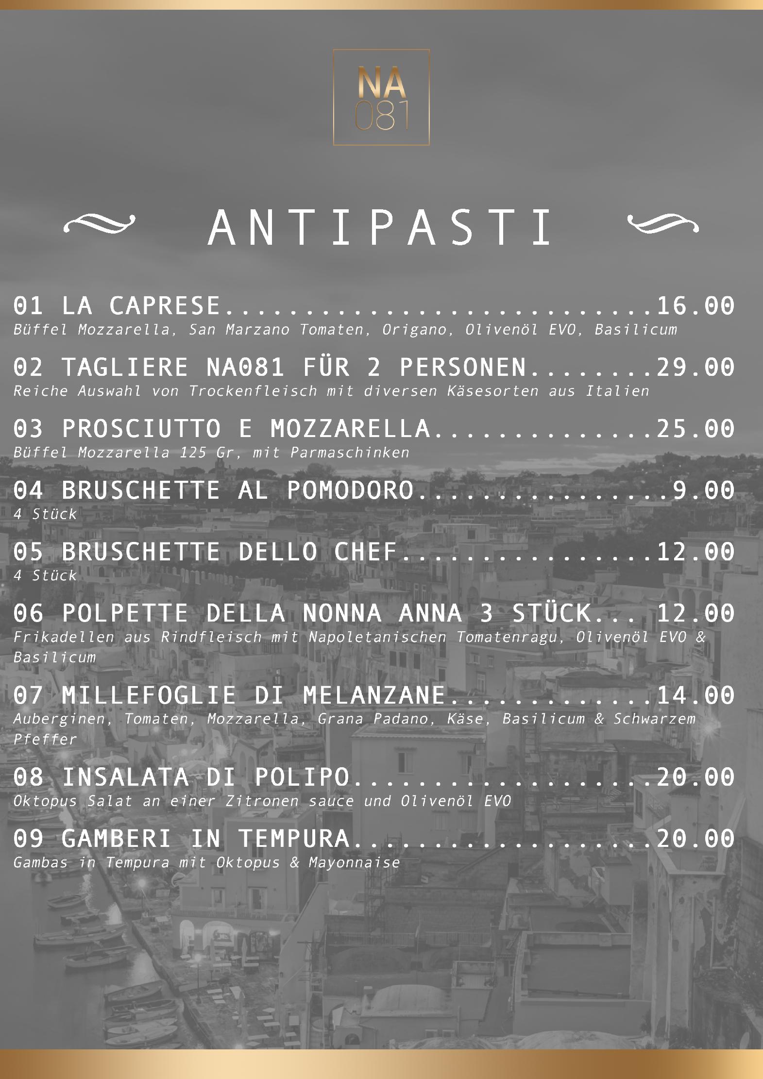 Speisekarte NA081 Ristorante & Pizzeria in Zürich, Seite 1