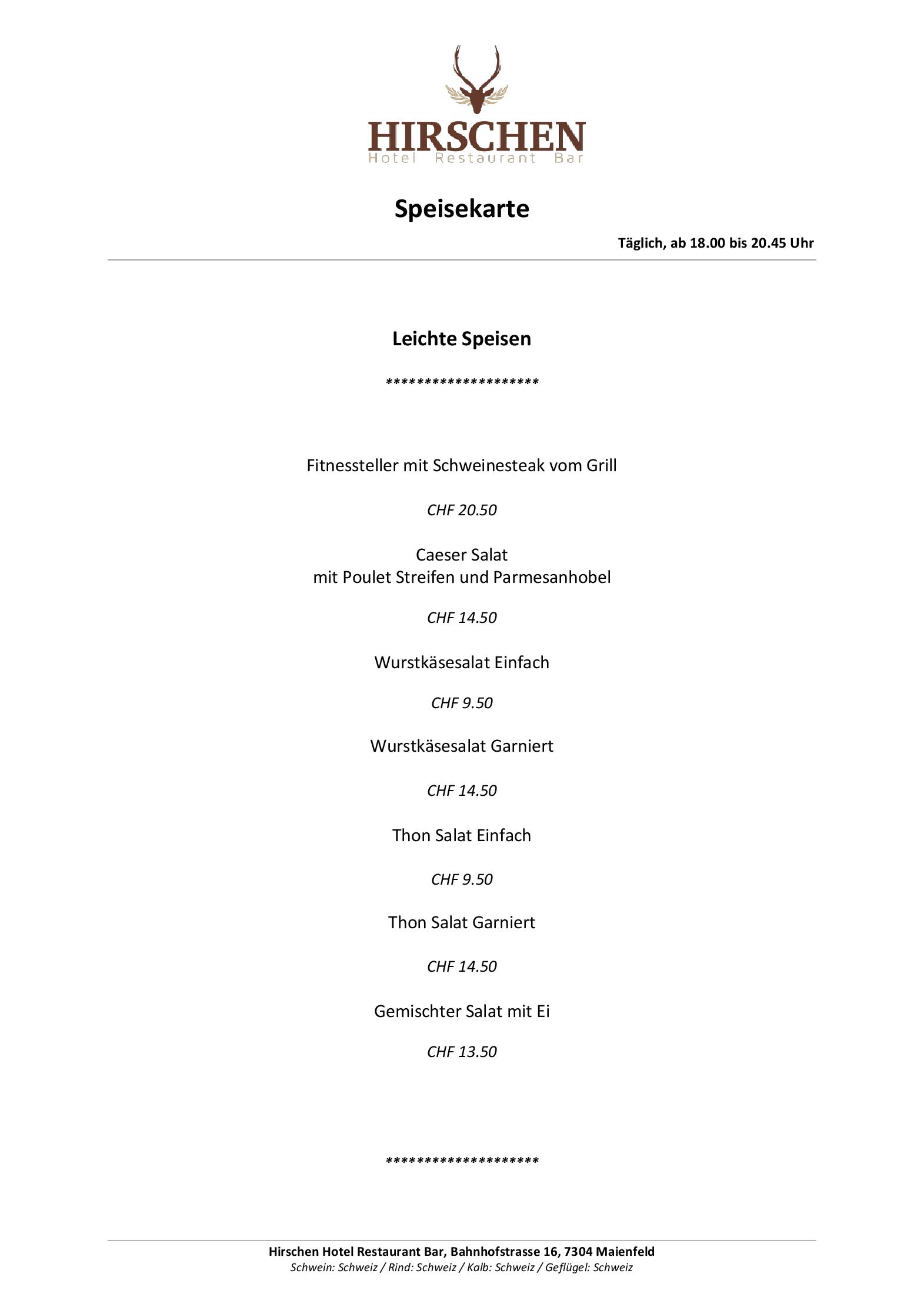 Speisekarte Hotel Hirschen, Maienfeld in Maienfeld, Seite 1