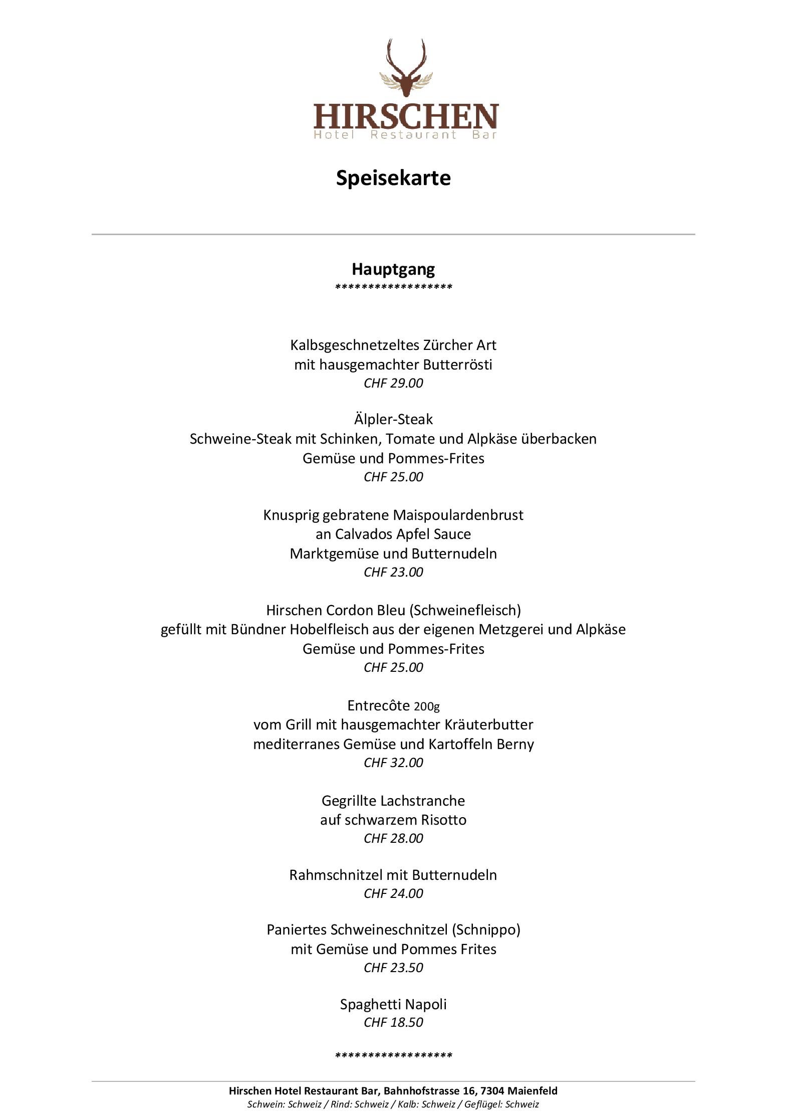 Speisekarte Hotel Hirschen, Maienfeld in Maienfeld, Seite 3