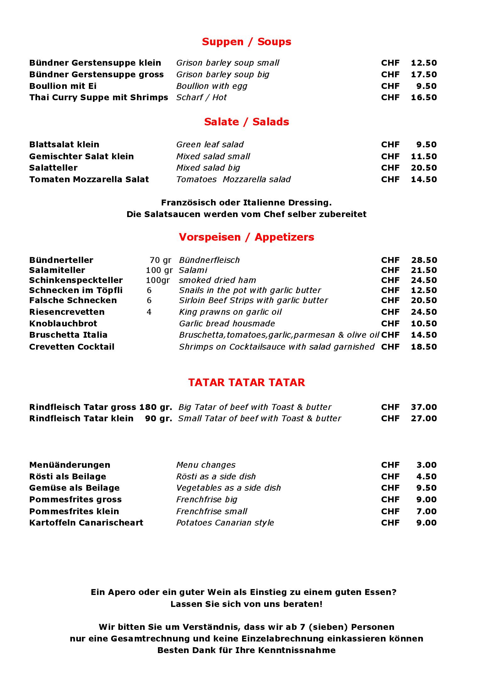 Speisekarte Bar Bistro Angelo in Davos, Seite 1