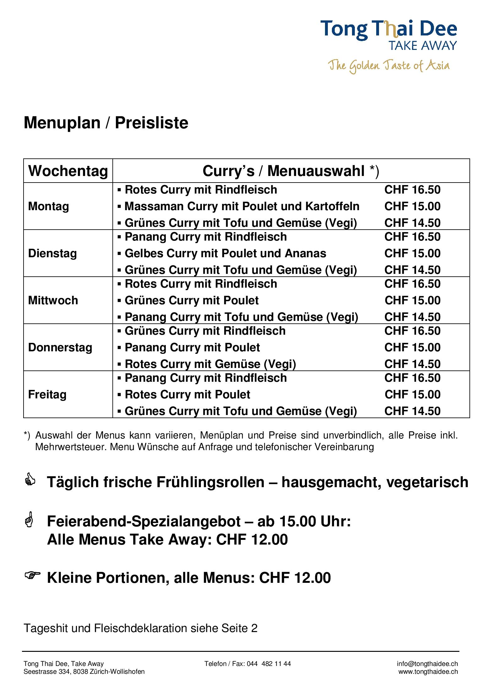 Speisekarte Tong Thai Dee, Take Away in Zürich, Seite 1