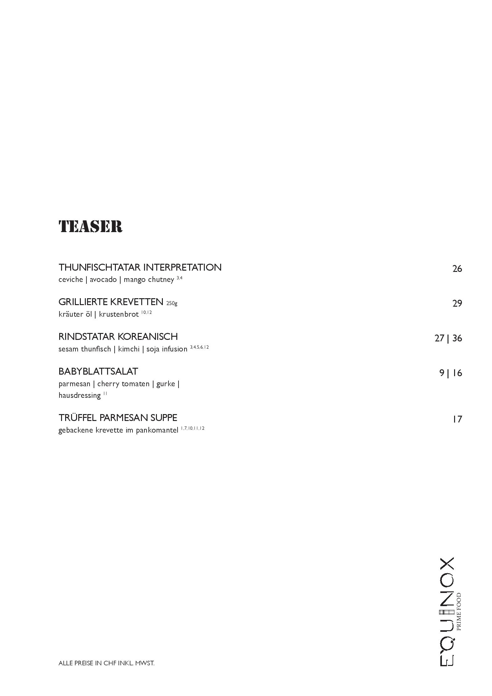 Speisekarte Equinox Prime Food in Zürich, Seite 1
