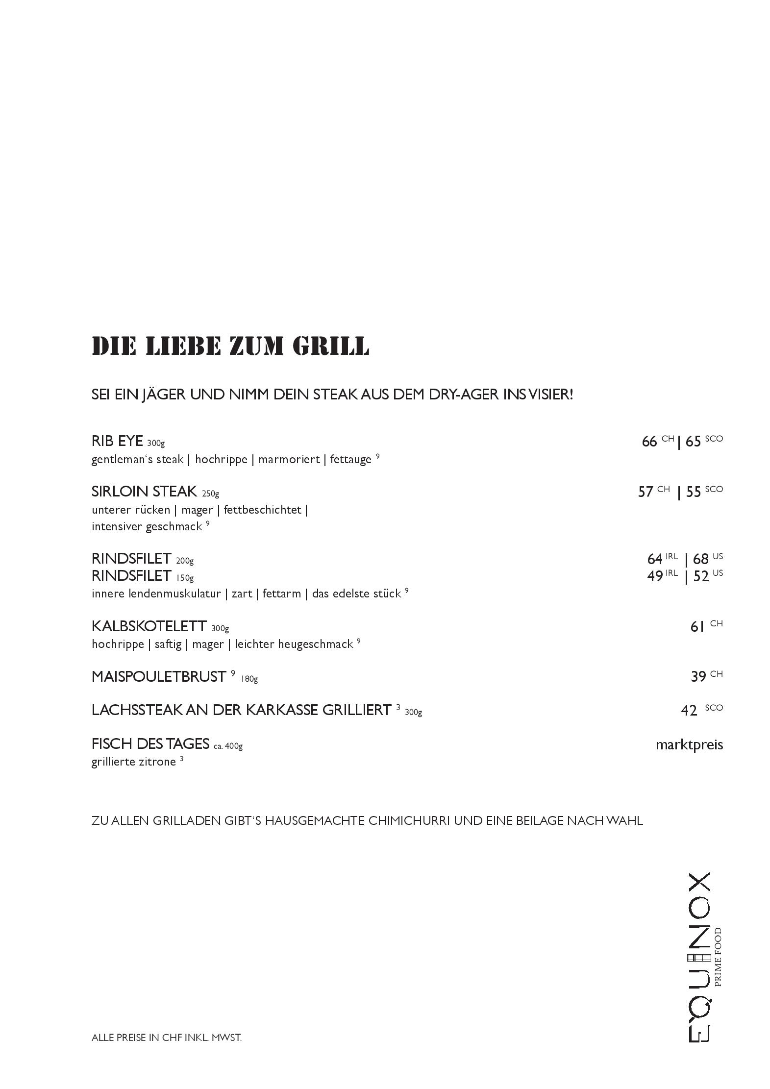 Speisekarte Equinox Prime Food in Zürich, Seite 3