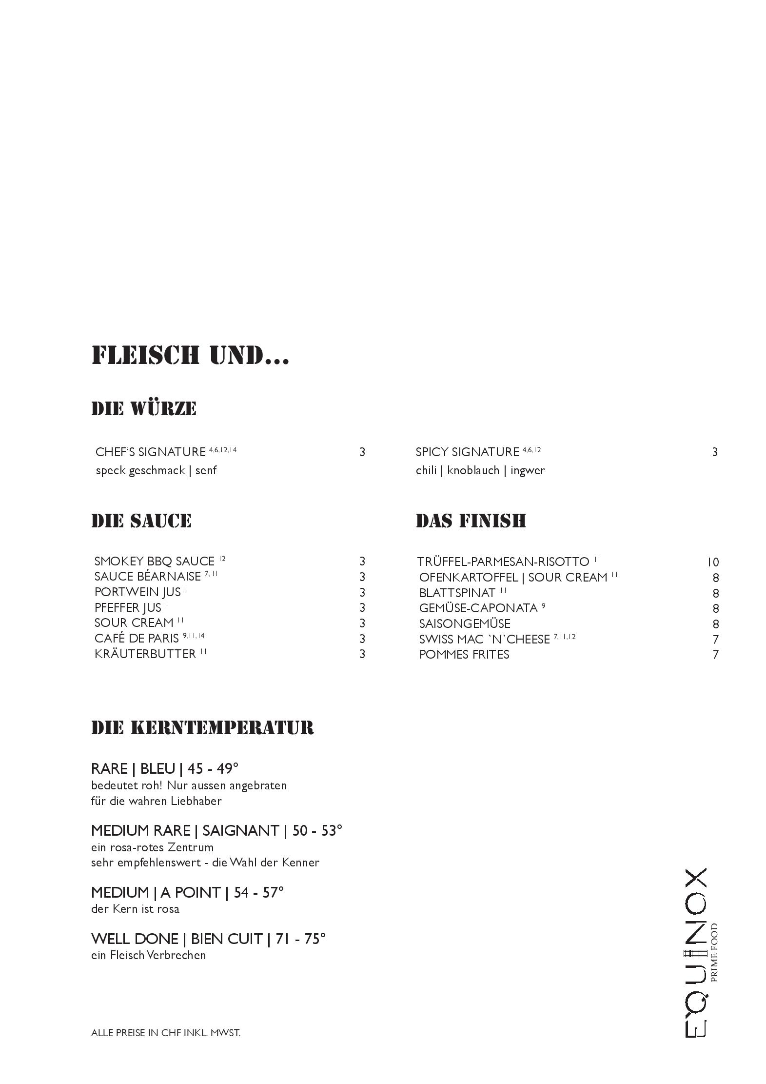 Speisekarte Equinox Prime Food in Zürich, Seite 4