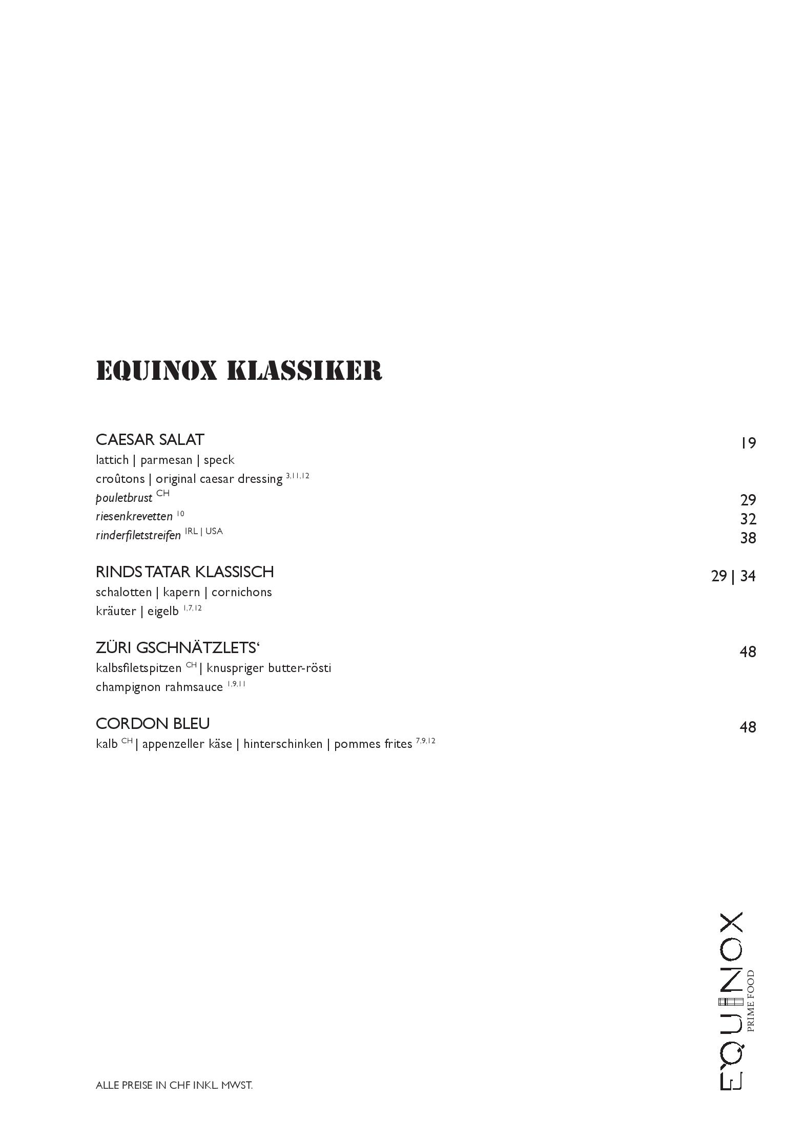 Speisekarte Equinox Prime Food in Zürich, Seite 6