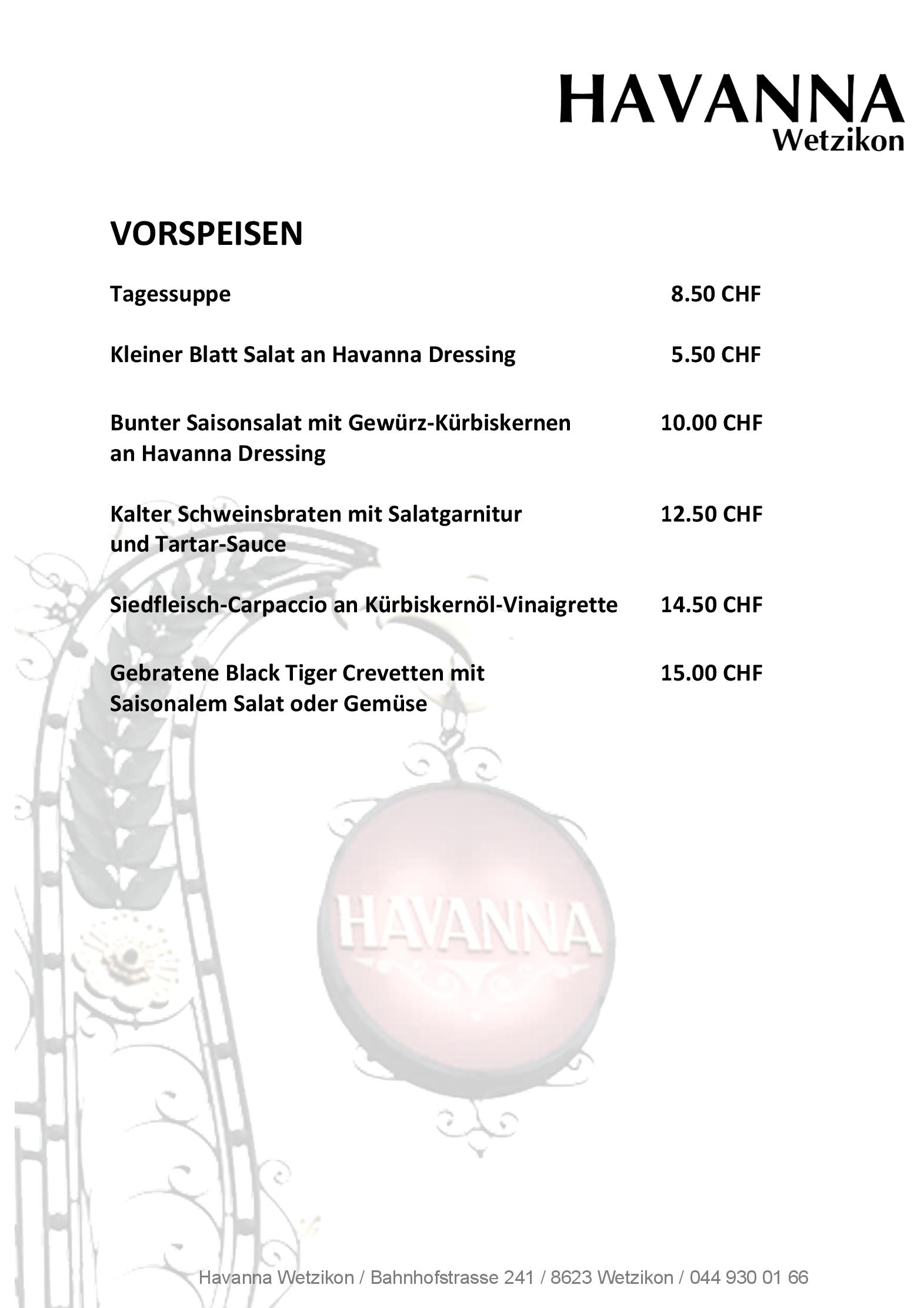 Speisekarte Restaurant Havanna in Wetzikon, Seite 3