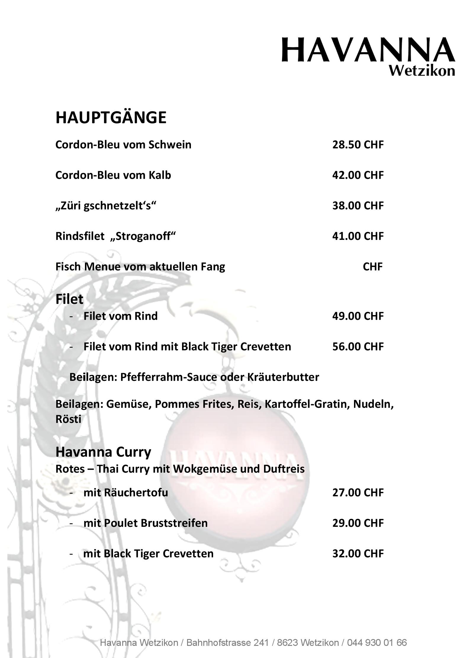 Speisekarte Restaurant Havanna in Wetzikon, Seite 2