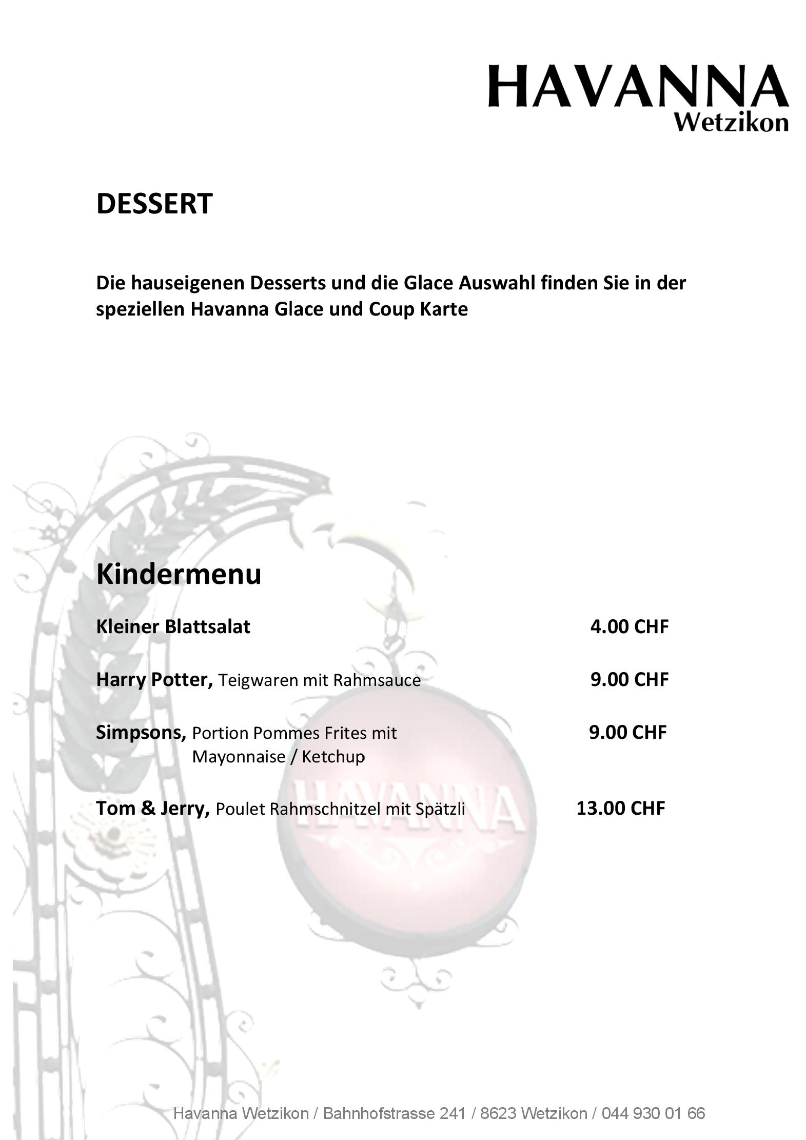 Speisekarte Restaurant Havanna in Wetzikon, Seite 1