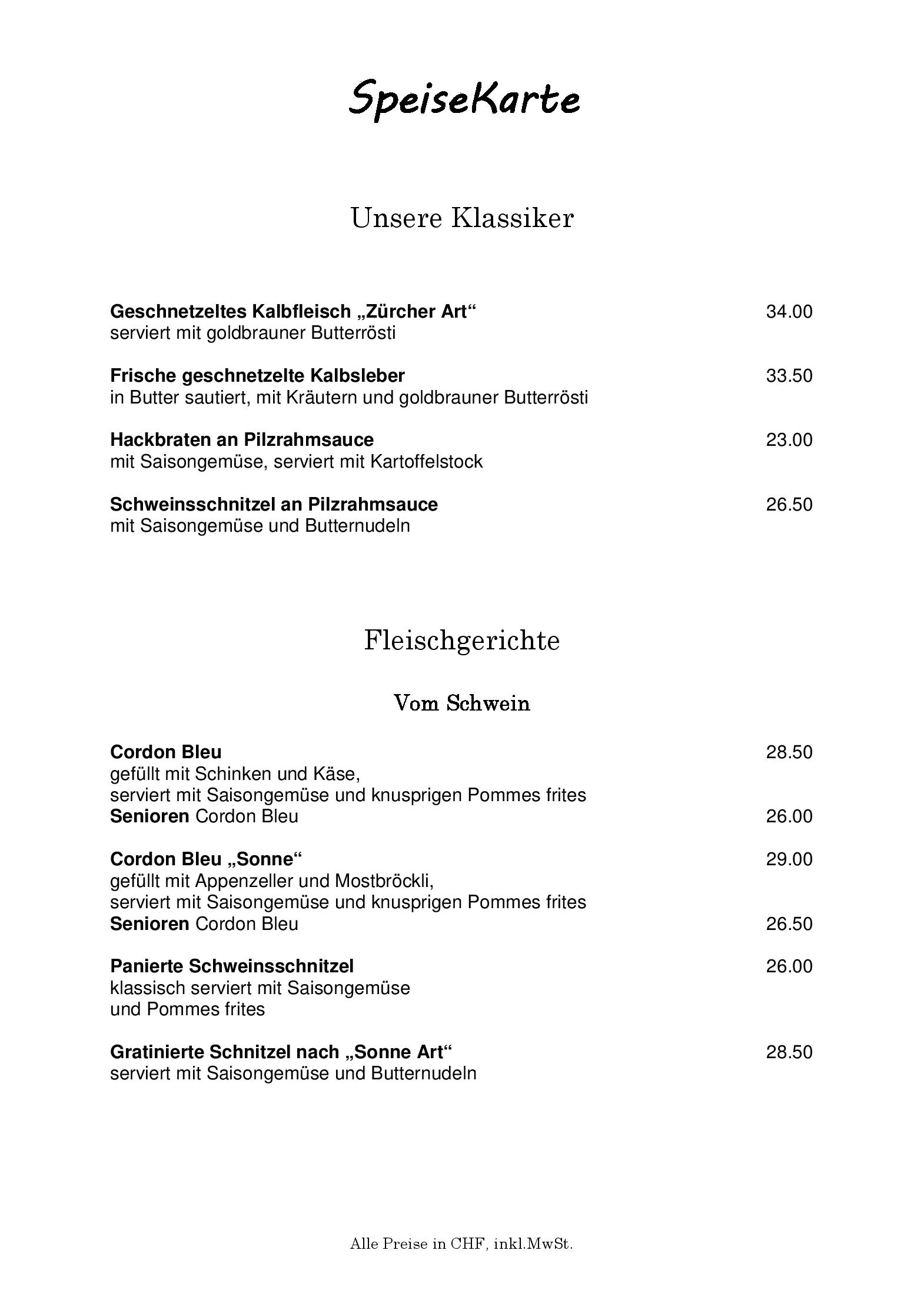 Speisekarte Restaurant Sonne in Auslikon, Seite 2