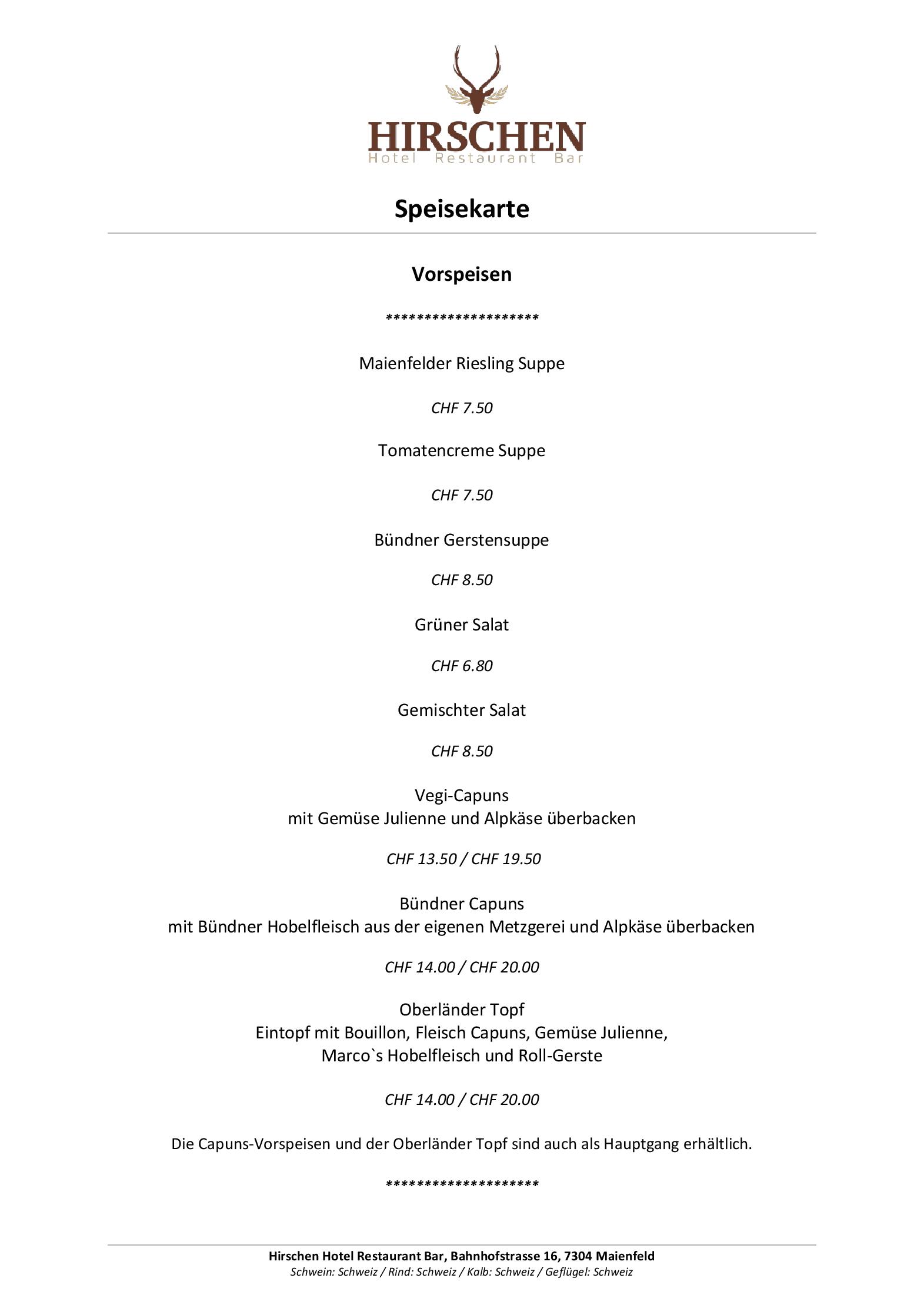 Speisekarte Hotel Hirschen, Maienfeld in Maienfeld, Seite 2