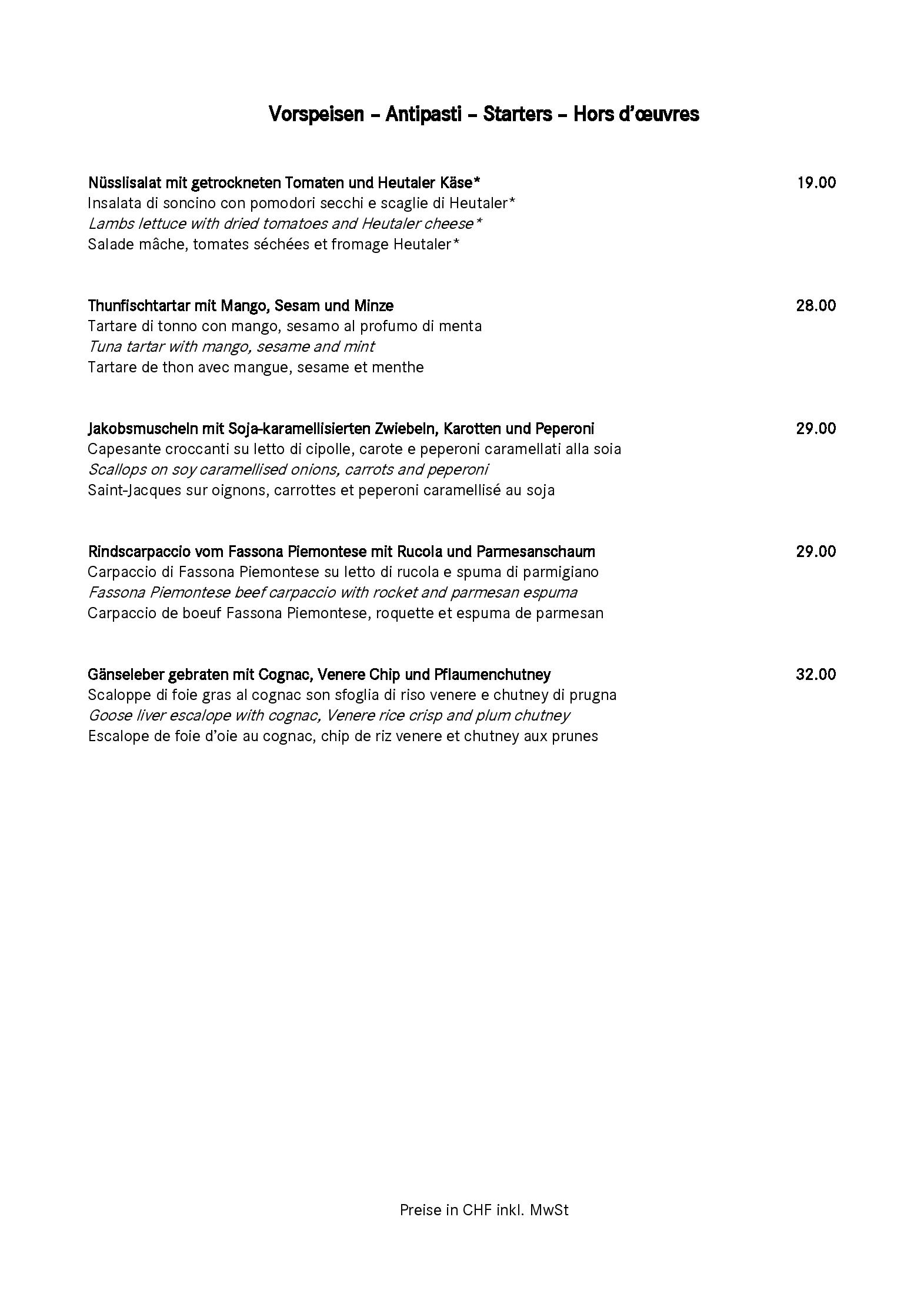 Speisekarte Mono Restaurant in St. Moritz, Seite 1