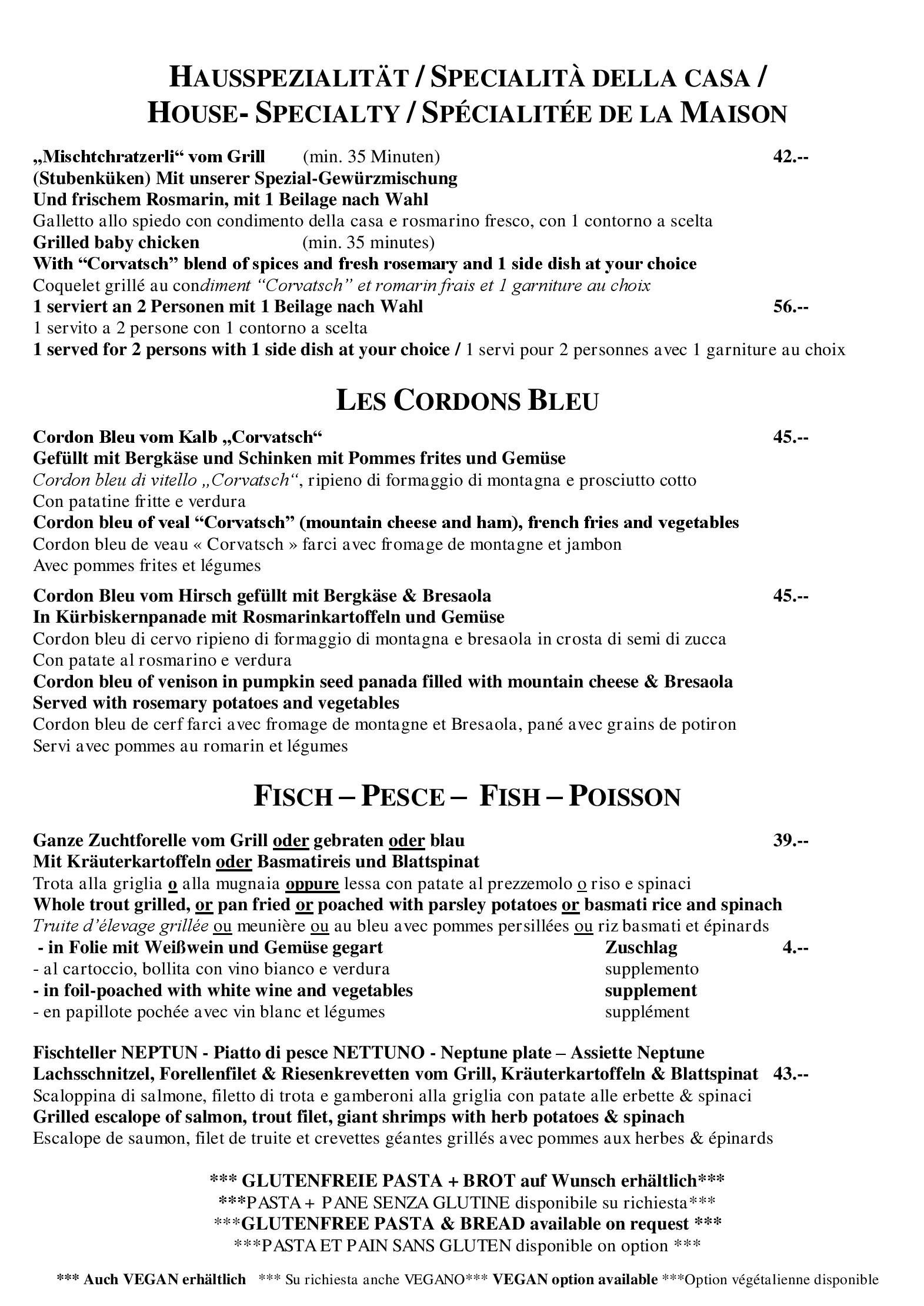 Speisekarte Hotel Restaurant Corvatsch in St. Moritz, Seite 1
