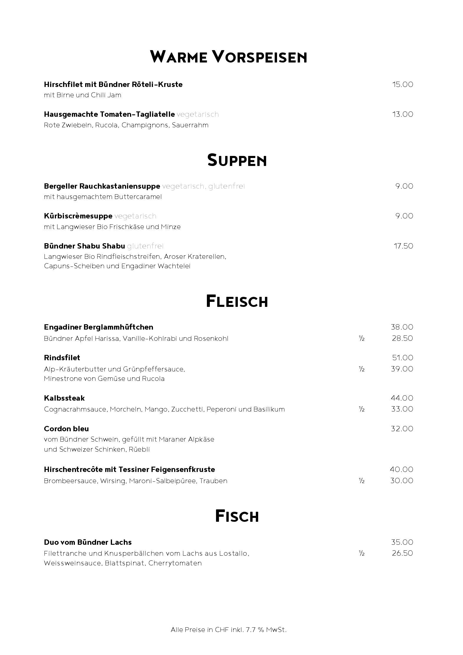 Speisekarte Bundner Stubli & Maraner Stube in Arosa, Seite 1